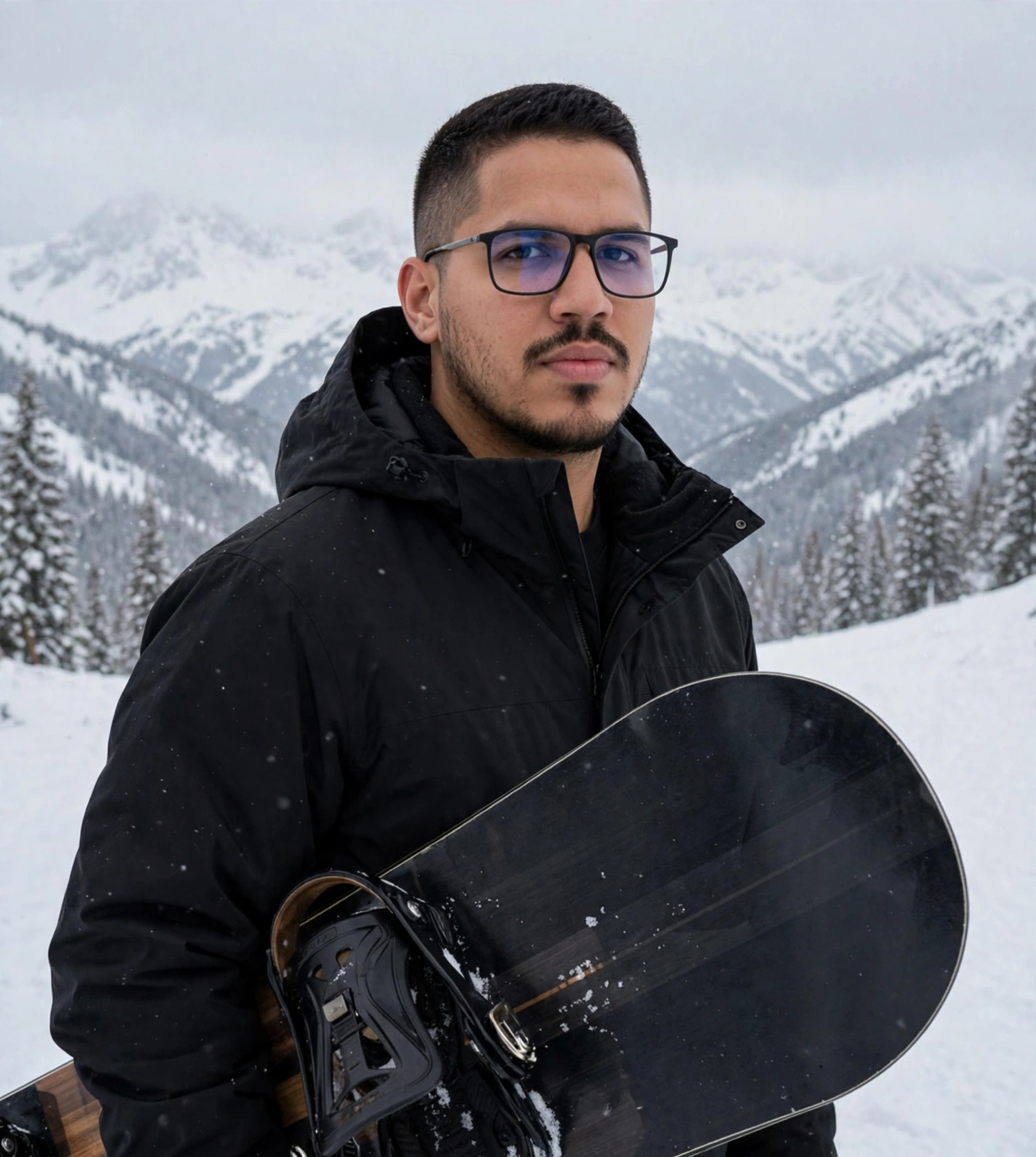 Julio Junior snowboarder, jaqueta de snowboard com prancha, montanha nevada ao fundo