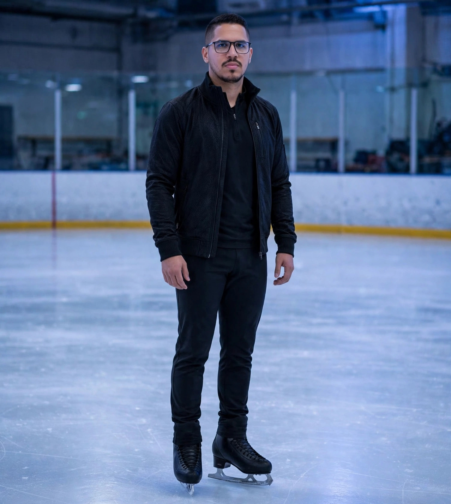 Julio Junior patinador no gelo, jaqueta esportiva com patins, rinque de gelo ao fundo