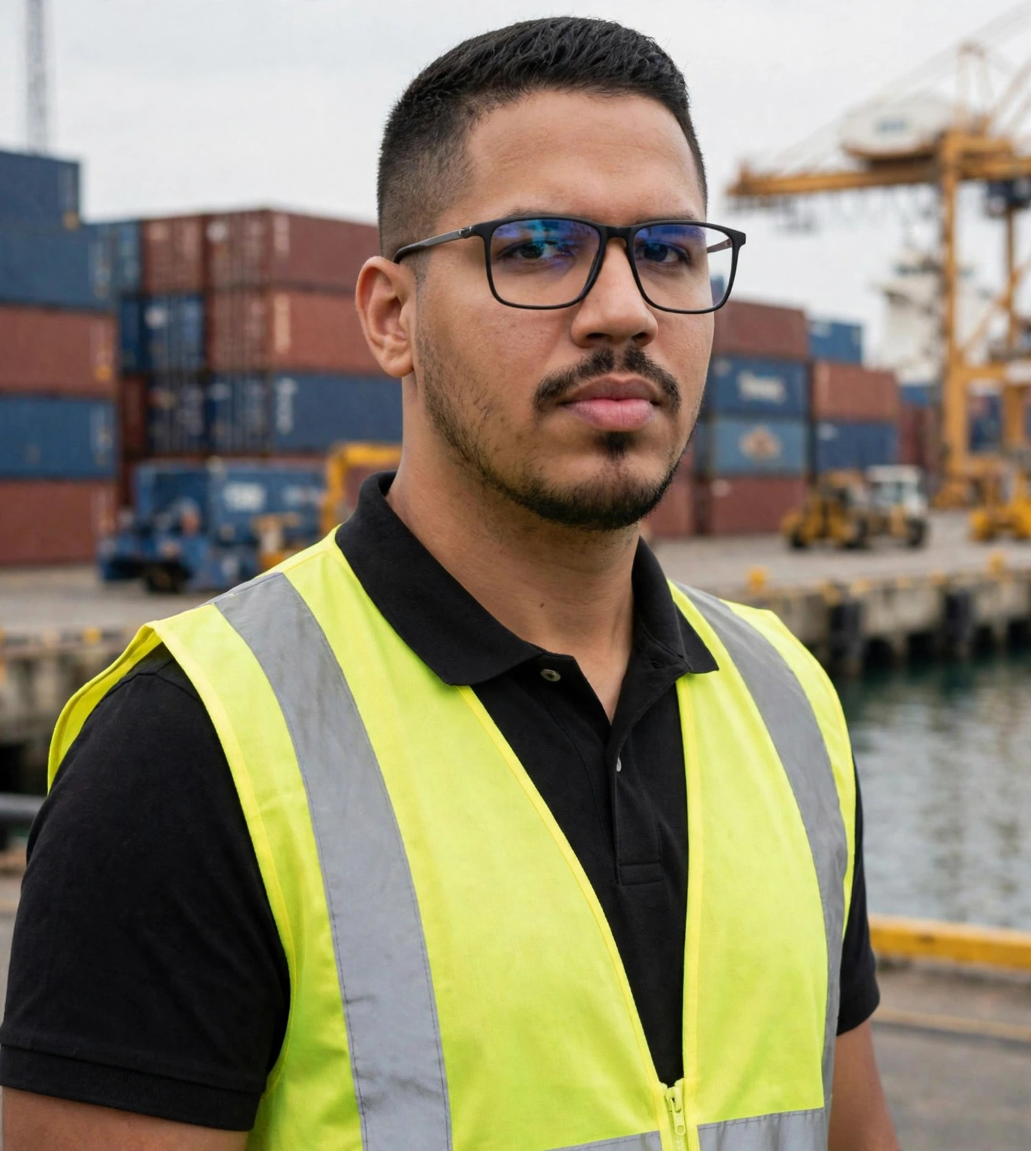Julio Junior operador de porto, uniforme com colete, porto ao fundo