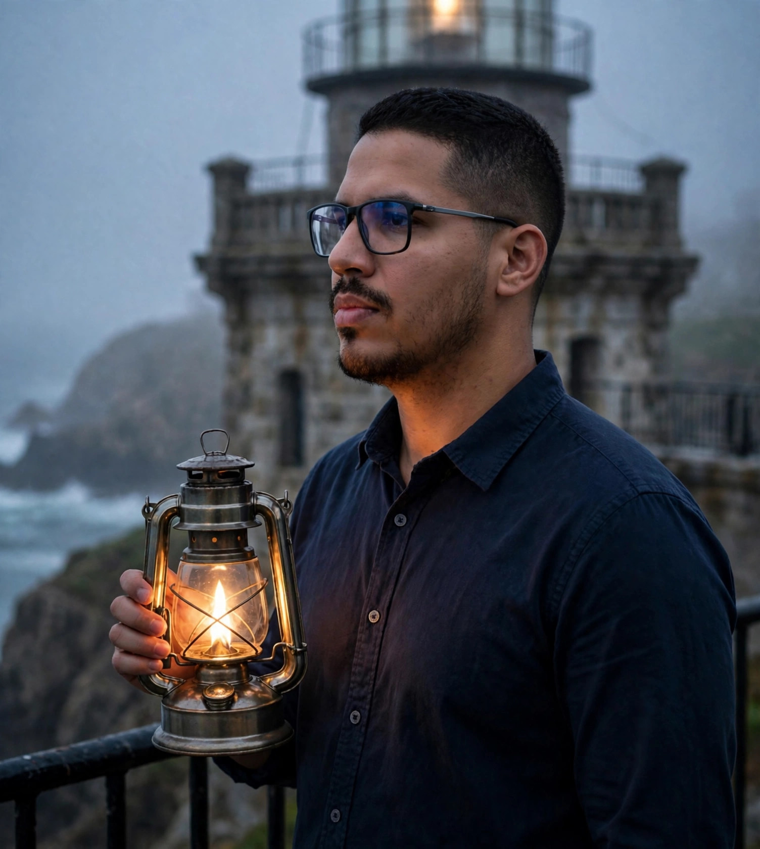 Julio Junior faroleiro, camisa social com lanterna, farol ao fundo