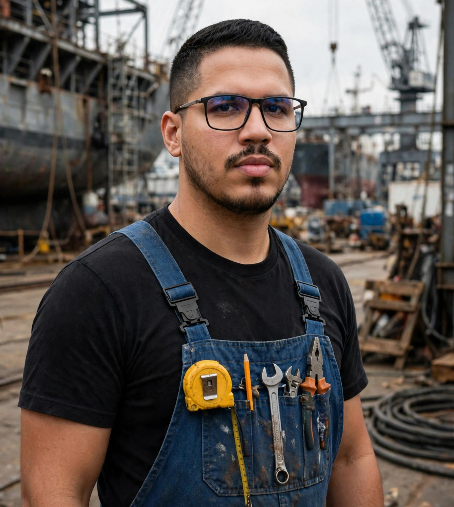 Julio Junior construtor naval, macacão com ferramentas, estaleiro ao fundo