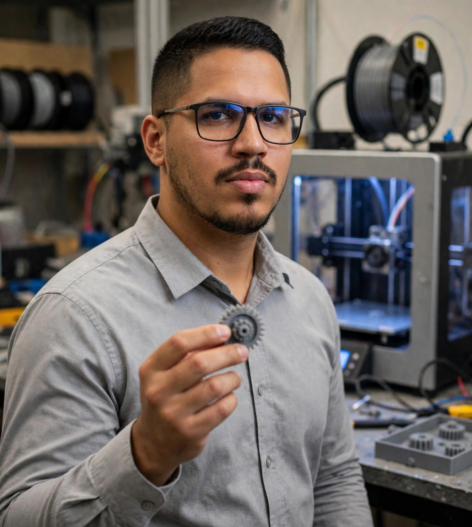 Julio Junior técnico de impressão 3D, camisa social com peça impressa, impressora 3D ao fundo