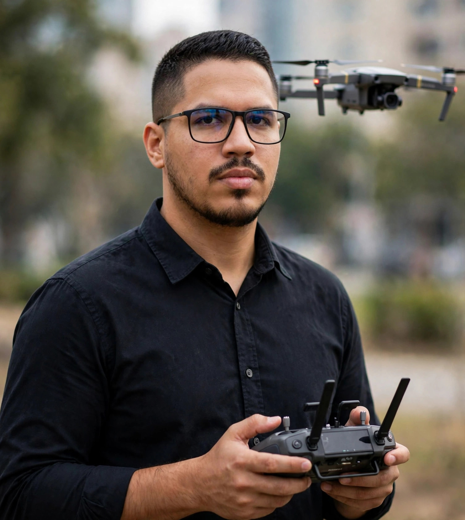 Julio Junior operador de drone de filmagem, camisa social com controle de drone, drone ao fundo