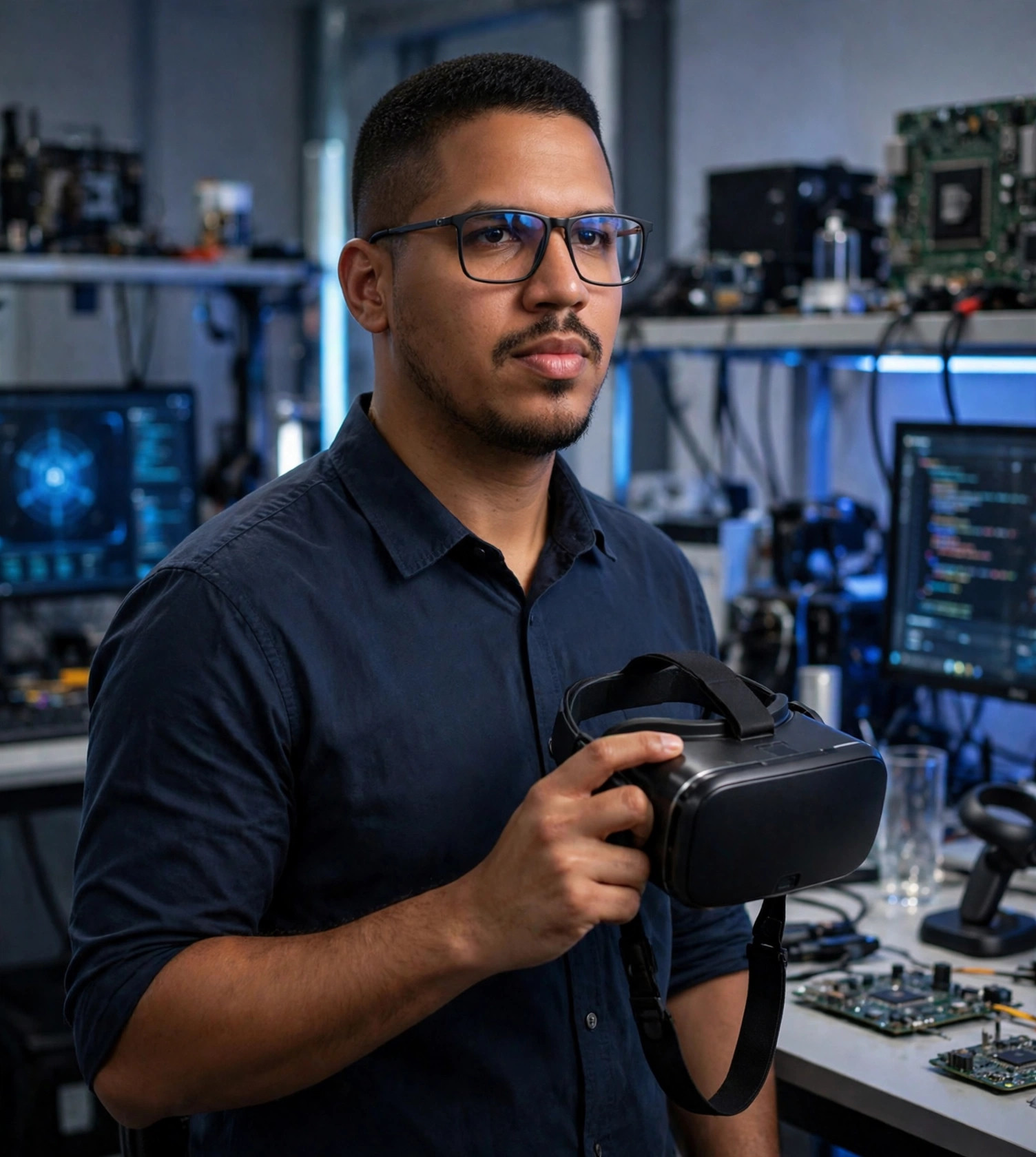 Julio Junior especialista em realidade virtual, camisa social com óculos VR, laboratório ao fundo