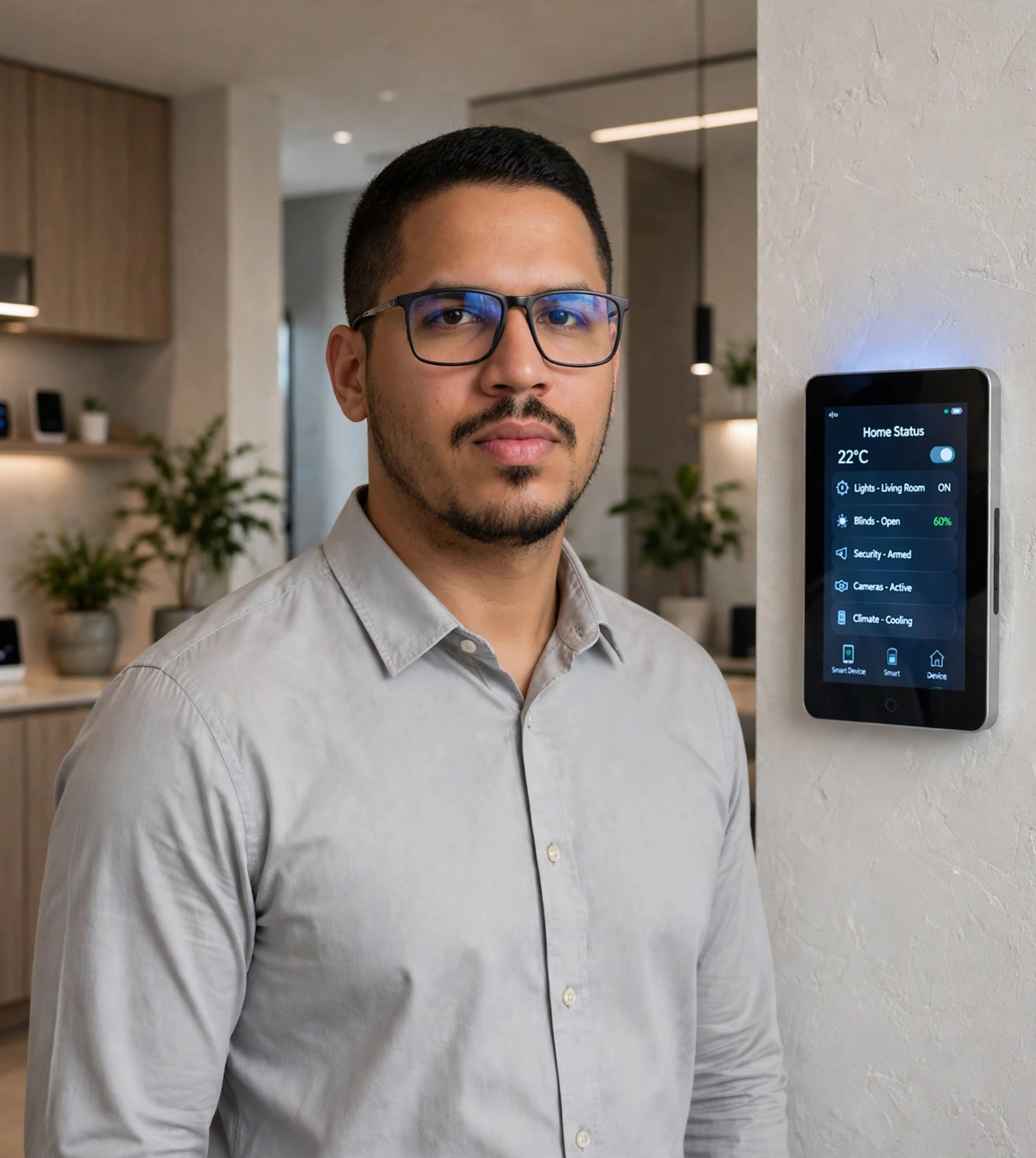 Julio Junior técnico de automação residencial, camisa social com painel de automação, casa inteligente ao fundo