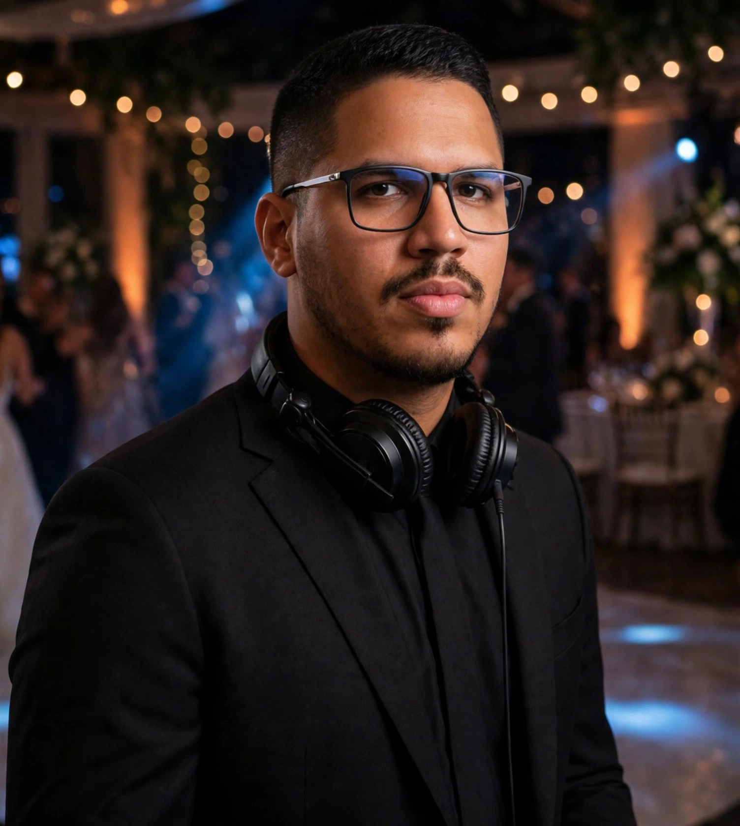 Julio Junior DJ de casamento, terno com fones, pista de casamento ao fundo