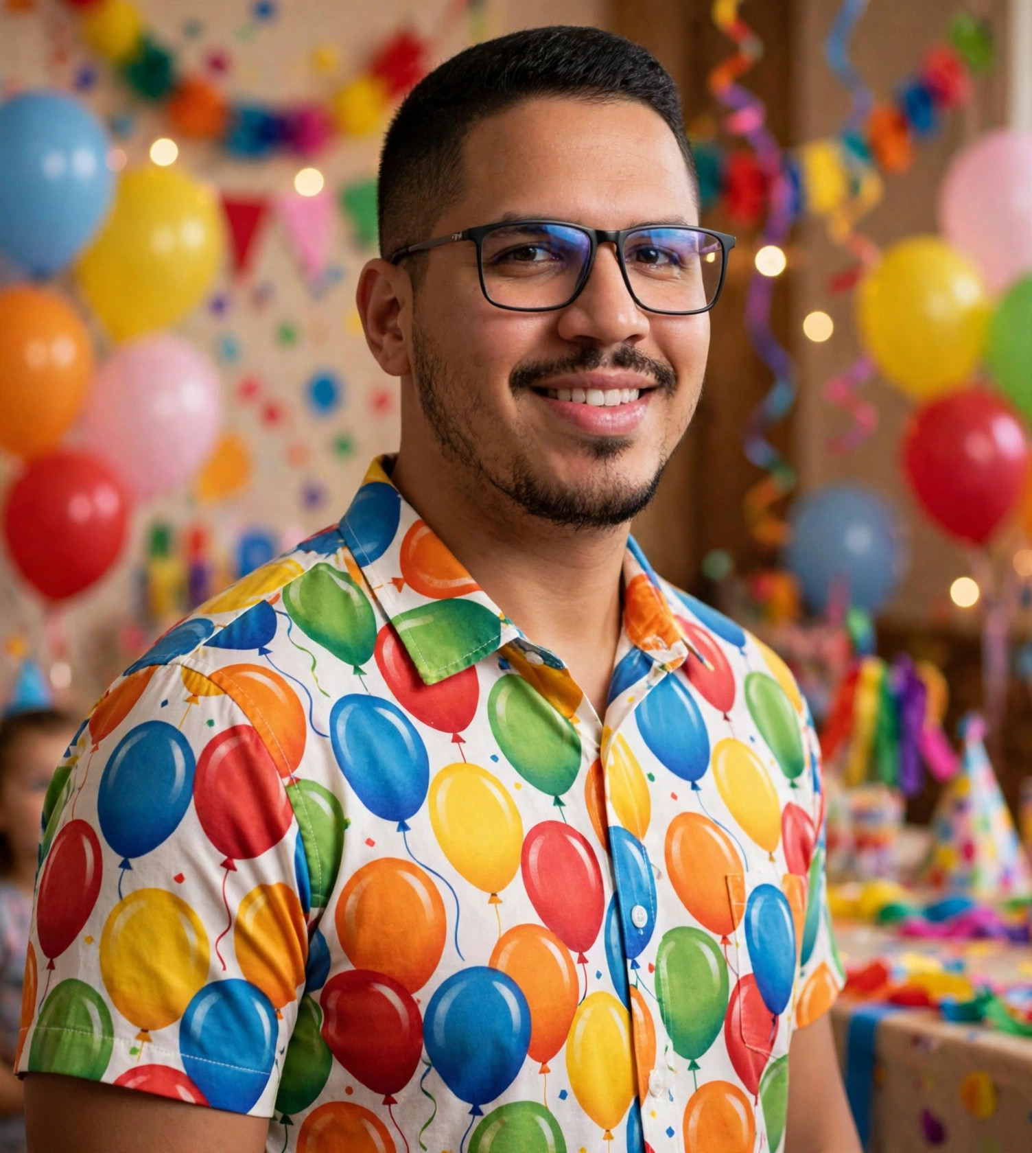 Julio Junior animador de festa infantil, camisa colorida com balões, festa infantil ao fundo