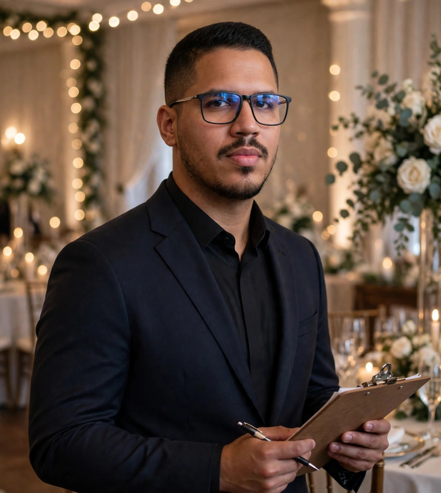 Julio Junior organizador de casamentos, terno com prancheta, salão de casamento ao fundo