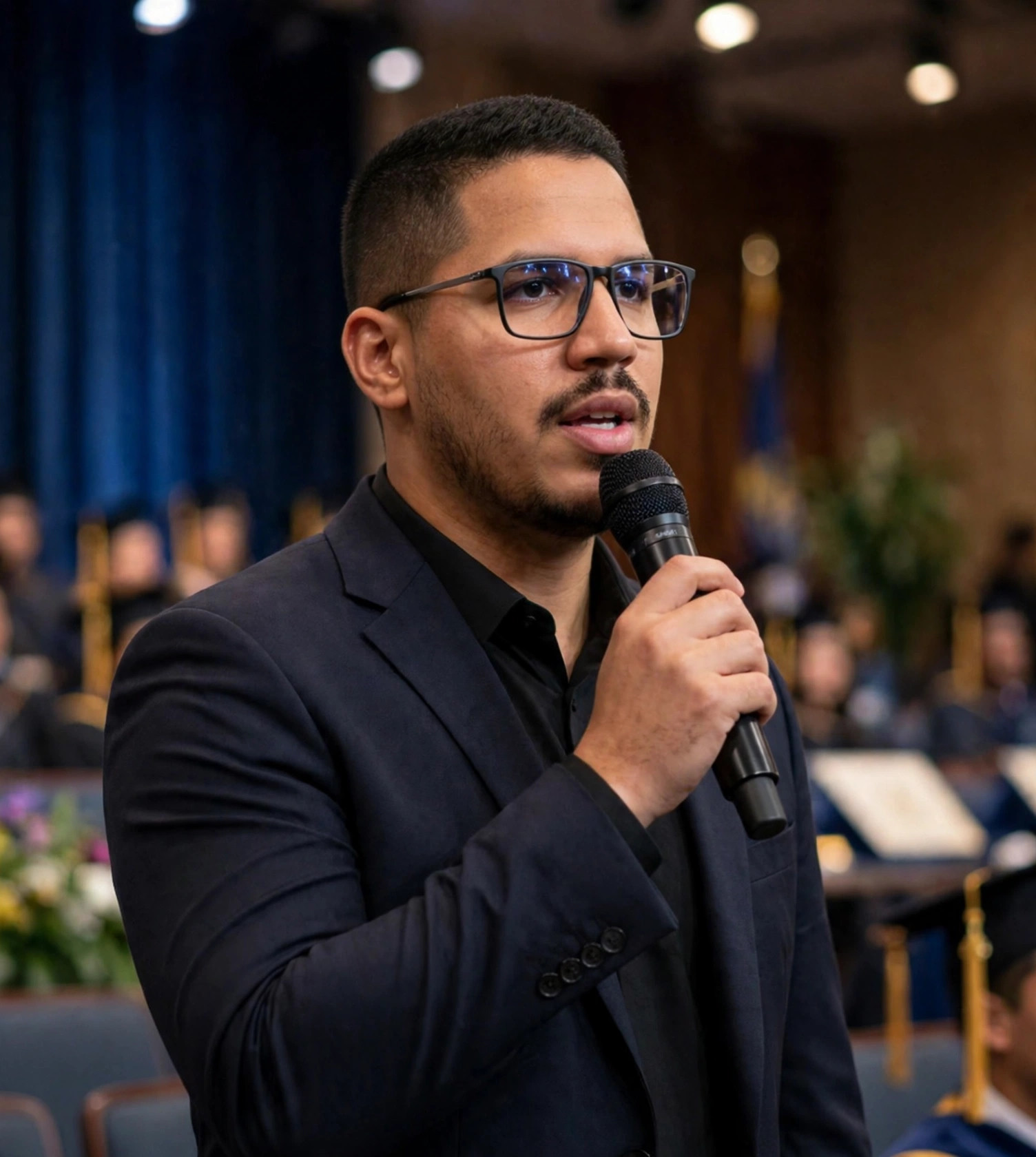 Julio Junior mestre de cerimônias de formatura, terno com microfone, auditório de formatura ao fundo