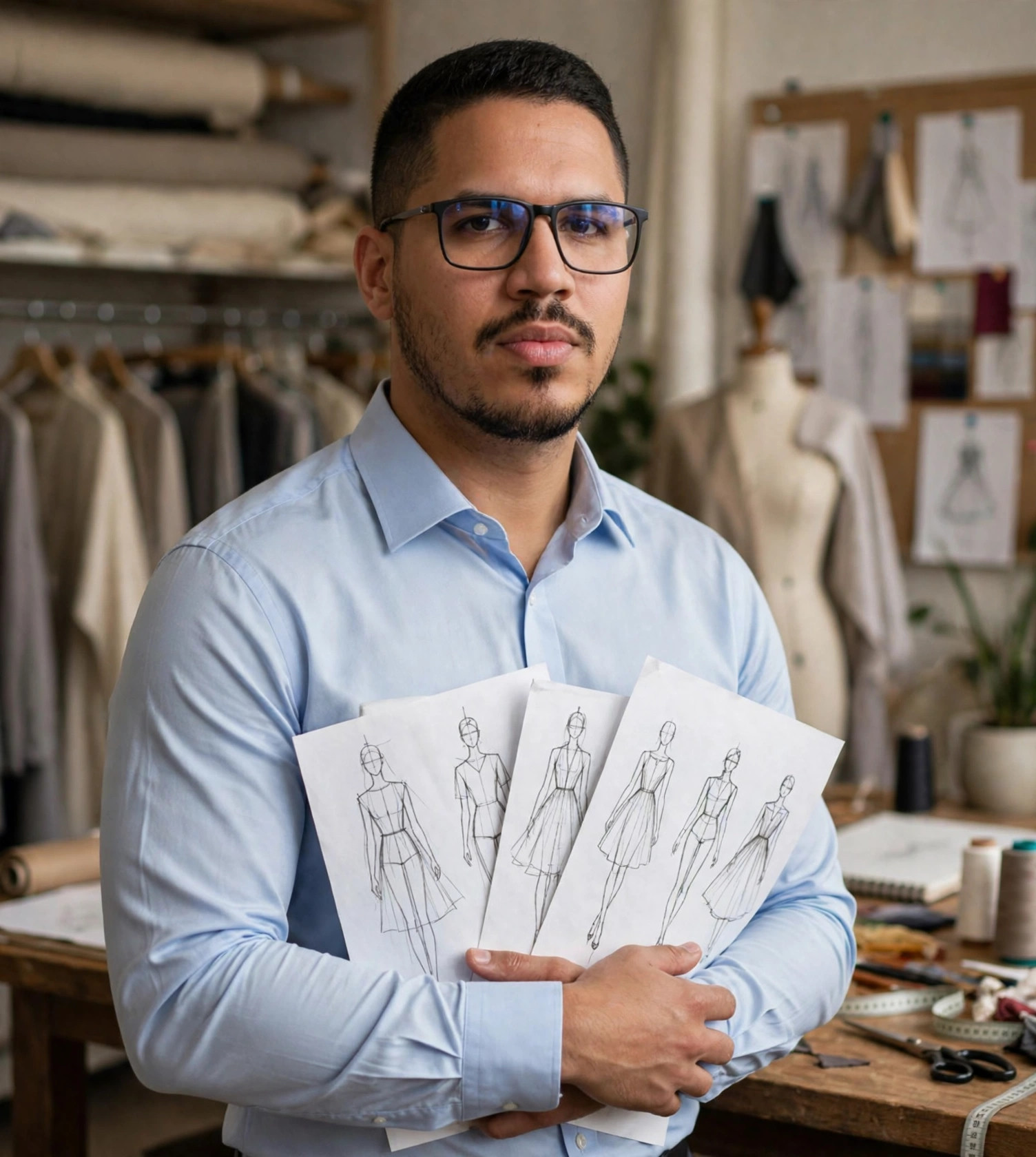 Julio Junior estilista, camisa social com croquis, ateliê de moda ao fundo