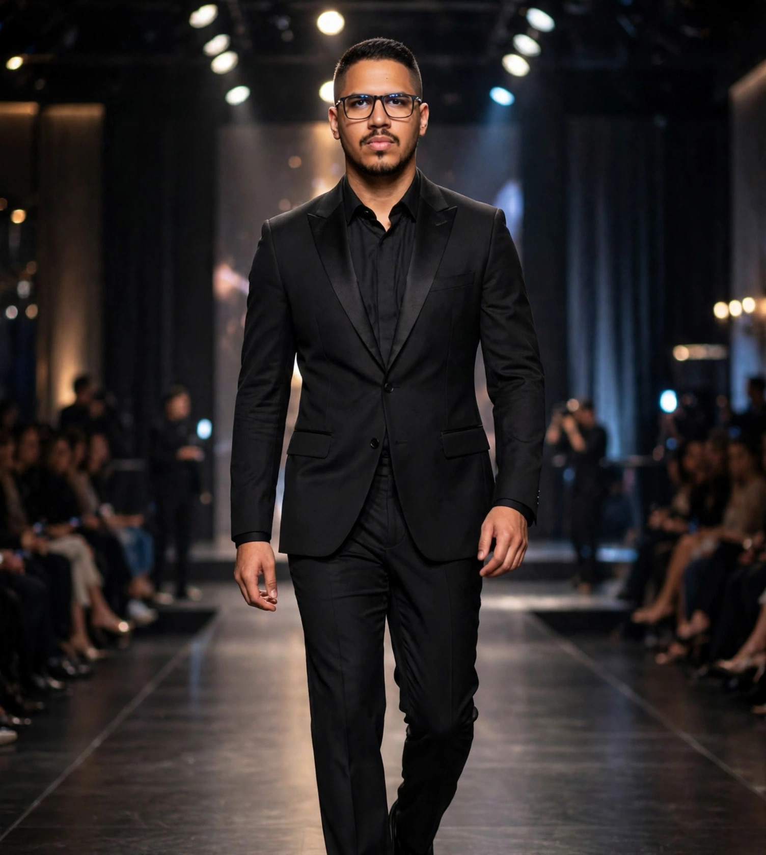 Julio Junior modelo de passarela, terno elegante, passarela ao fundo