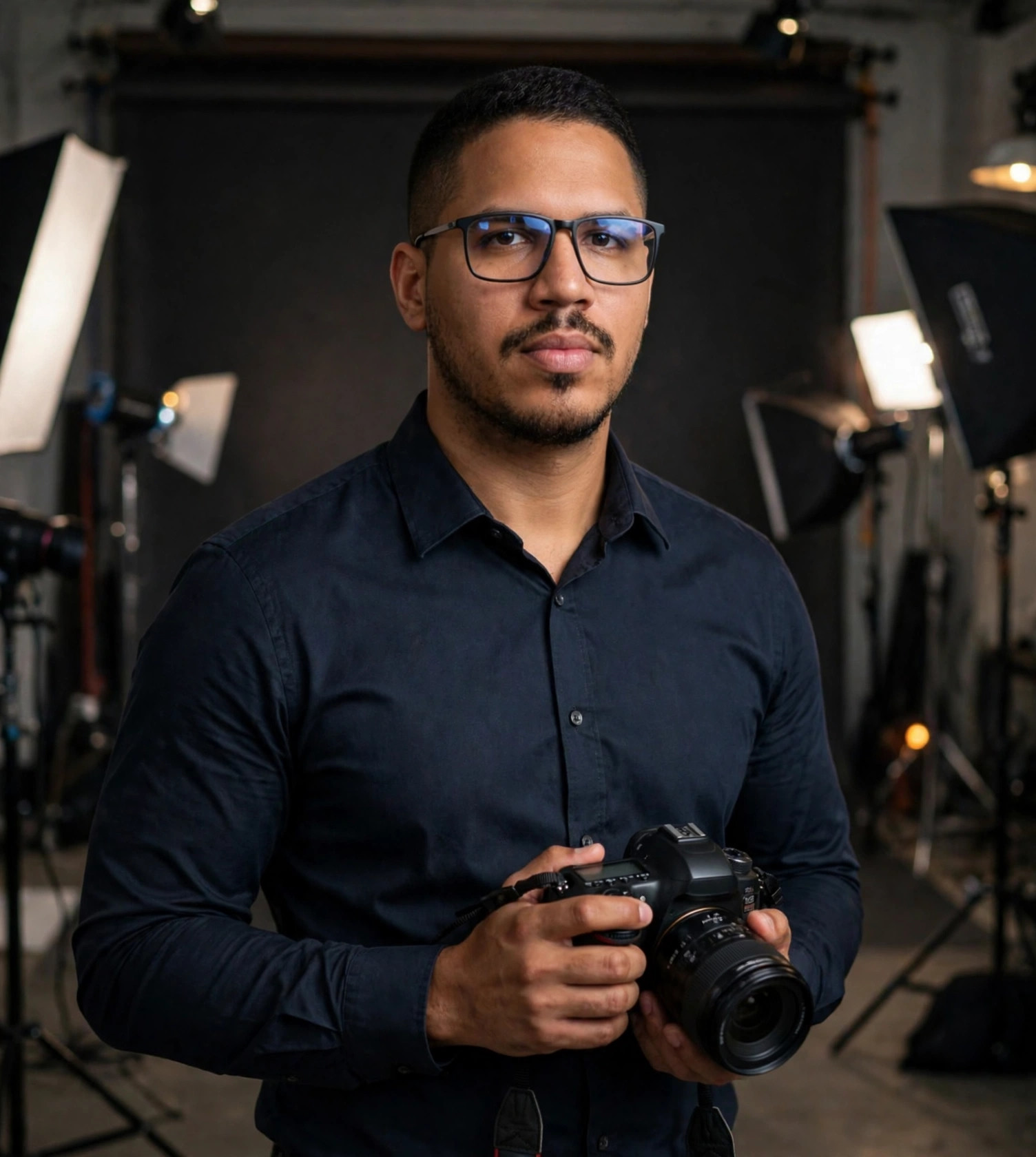 Julio Junior fotógrafo de moda, camisa social com câmera, estúdio de moda ao fundo