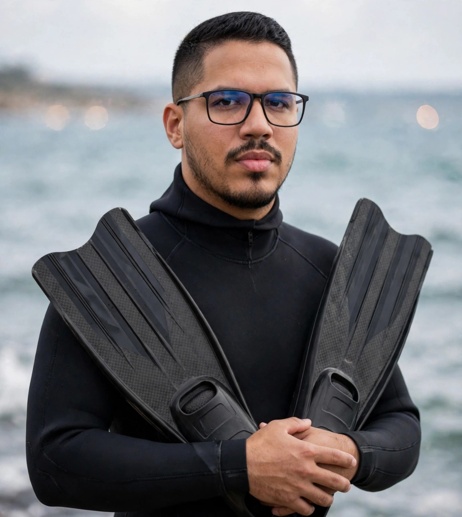 Julio Junior mergulhador livre, roupa de mergulho com nadadeiras, mar ao fundo