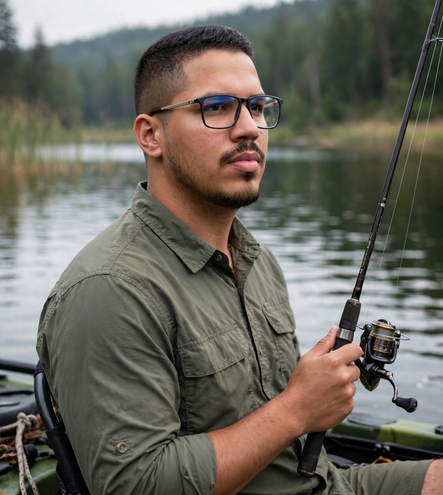 Julio Junior pescador de caiaque, camisa de pesca com vara, lago ao fundo