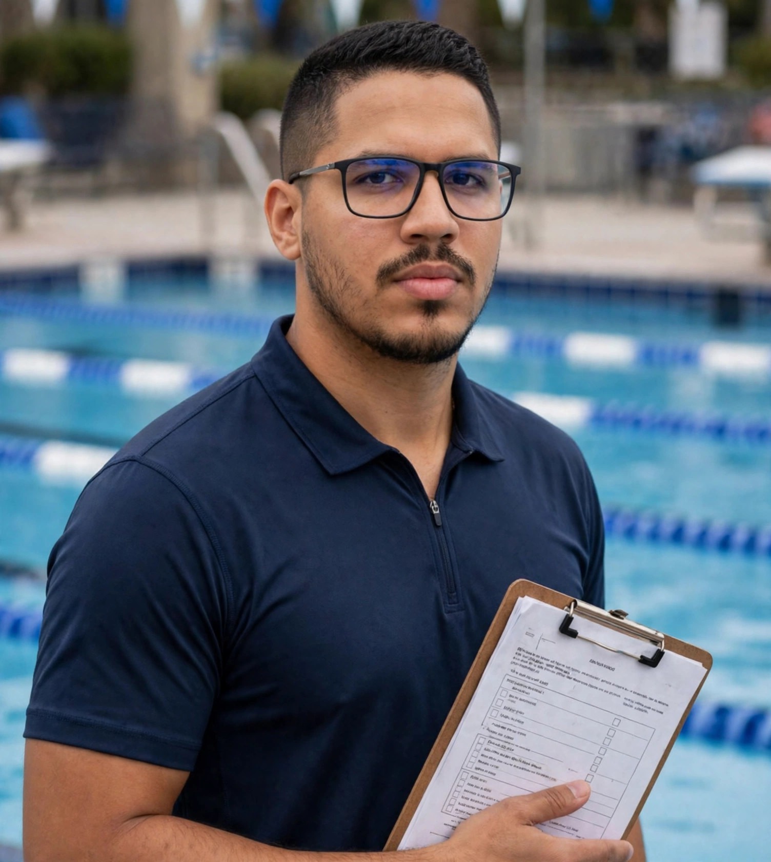 Julio Junior instrutor de natação, roupa esportiva com prancheta, piscina ao fundo