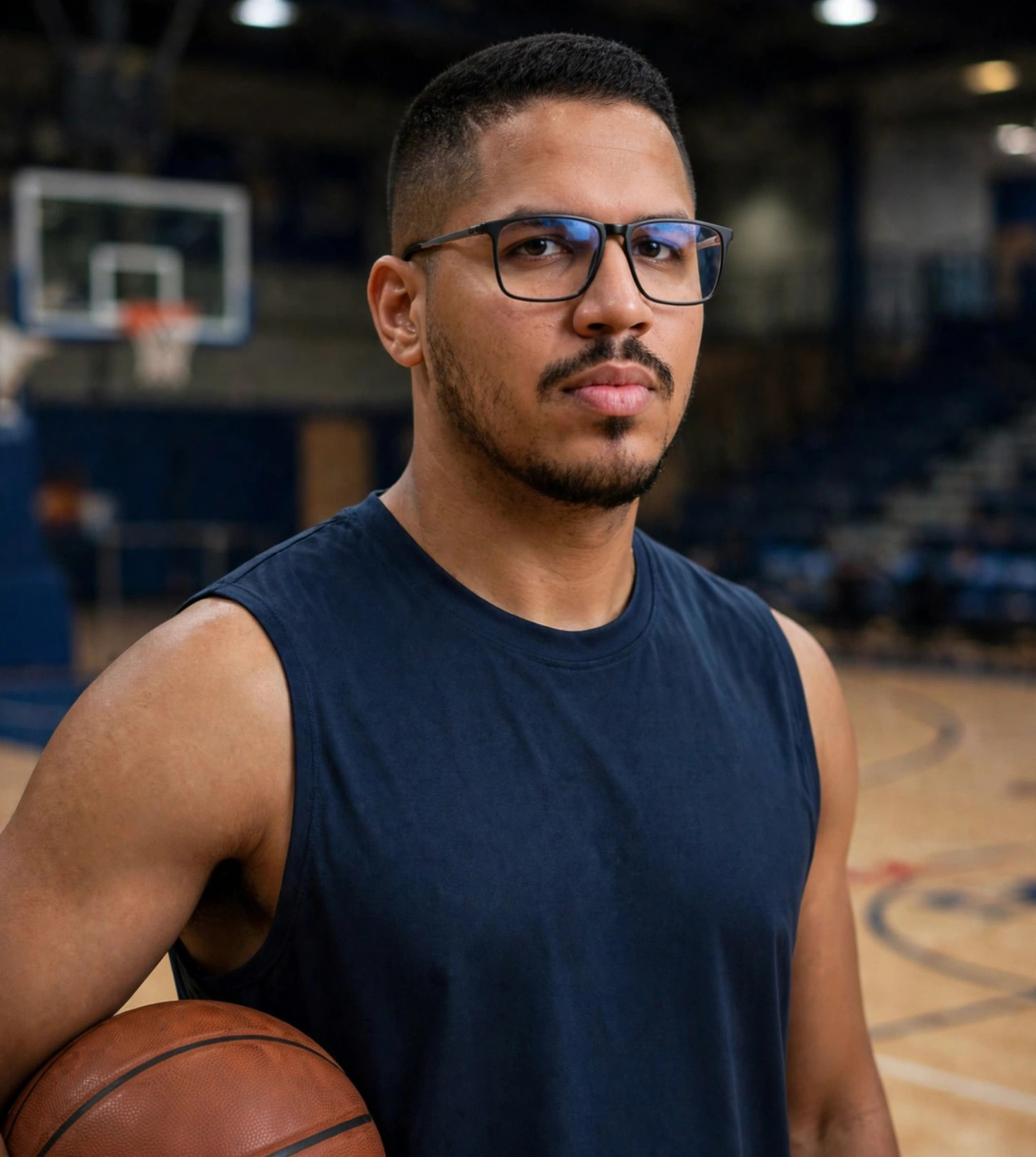 Julio Junior armador de basquete, uniforme sem texto com bola, quadra ao fundo