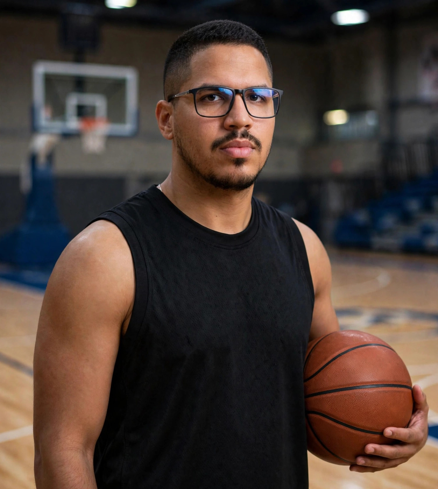 Julio Junior ala de basquete, uniforme sem texto com bola, quadra ao fundo