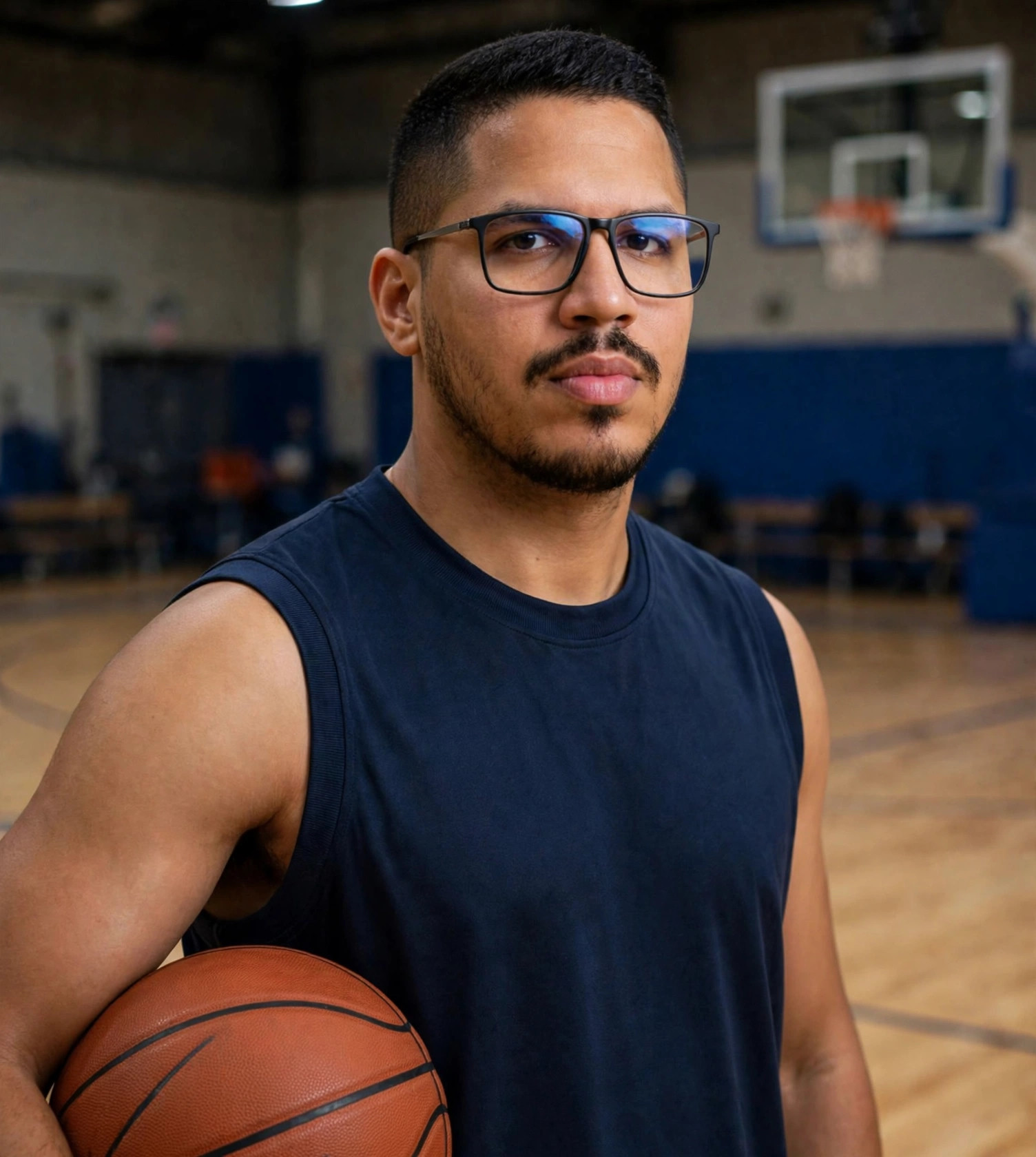 Julio Junior pivô de basquete, uniforme sem texto com bola, quadra ao fundo