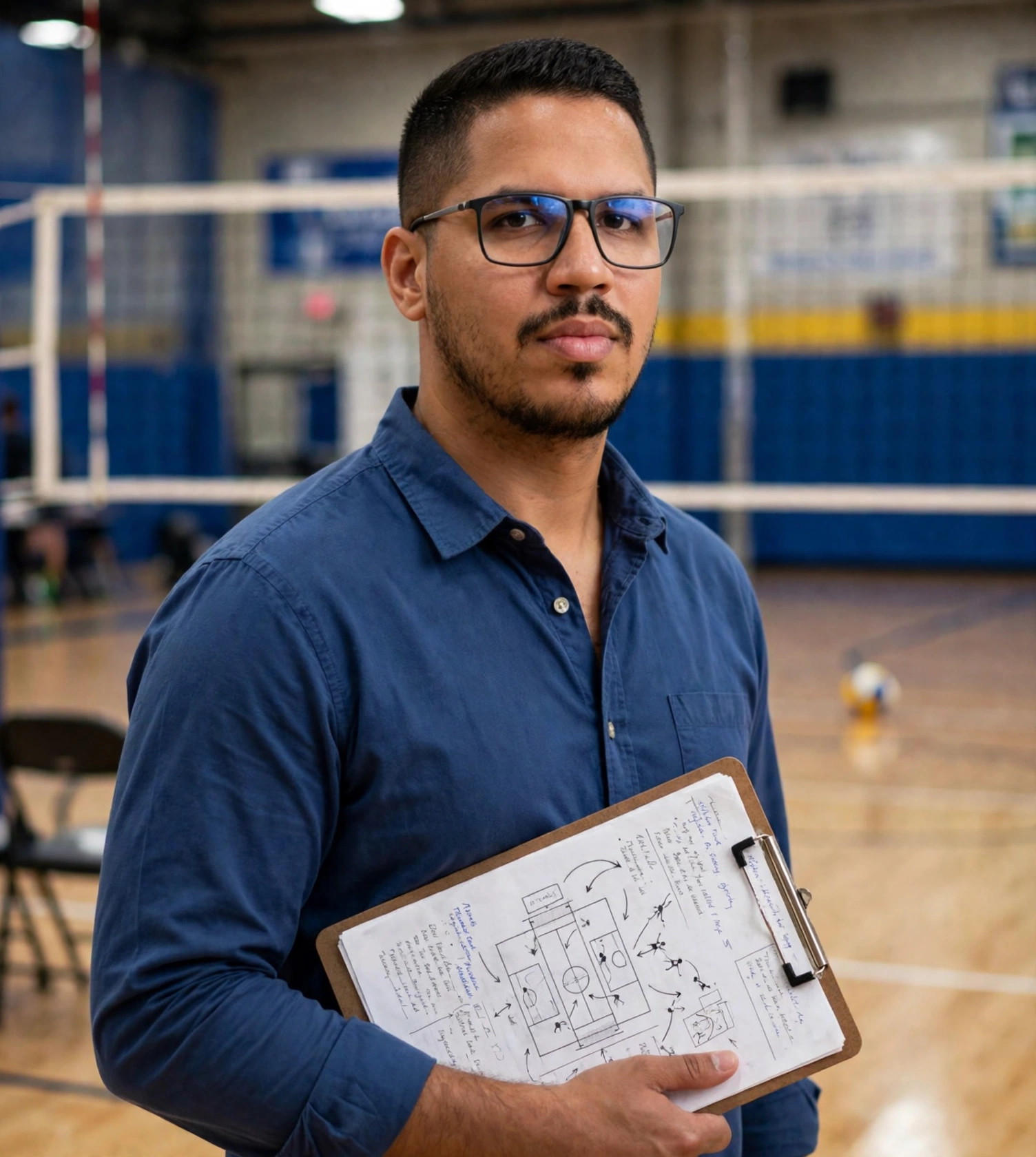 Julio Junior técnico de vôlei, camisa social com prancheta, quadra de vôlei ao fundo