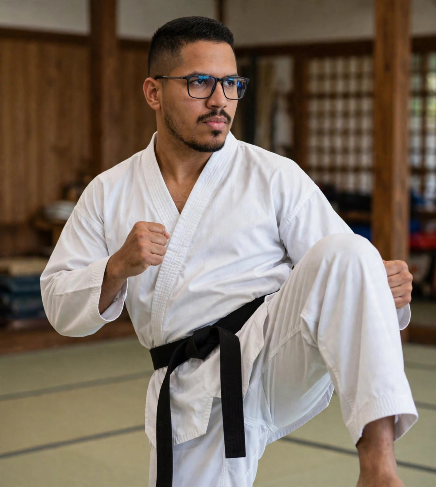 Julio Junior lutador de taekwondo, dobok branco sem texto com faixa, tatame ao fundo