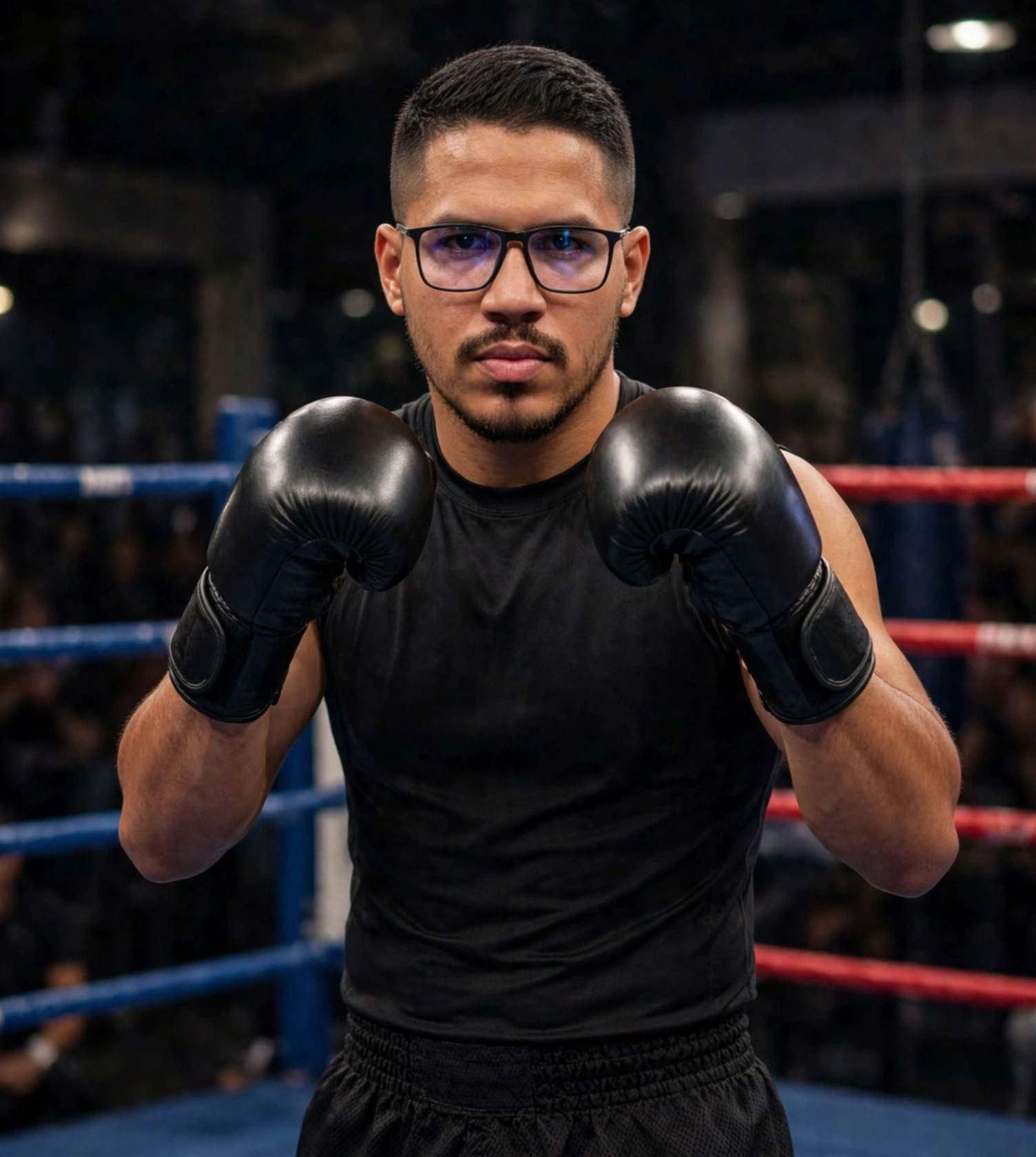 Julio Junior lutador de muay thai, luvas pretas, ringue ao fundo