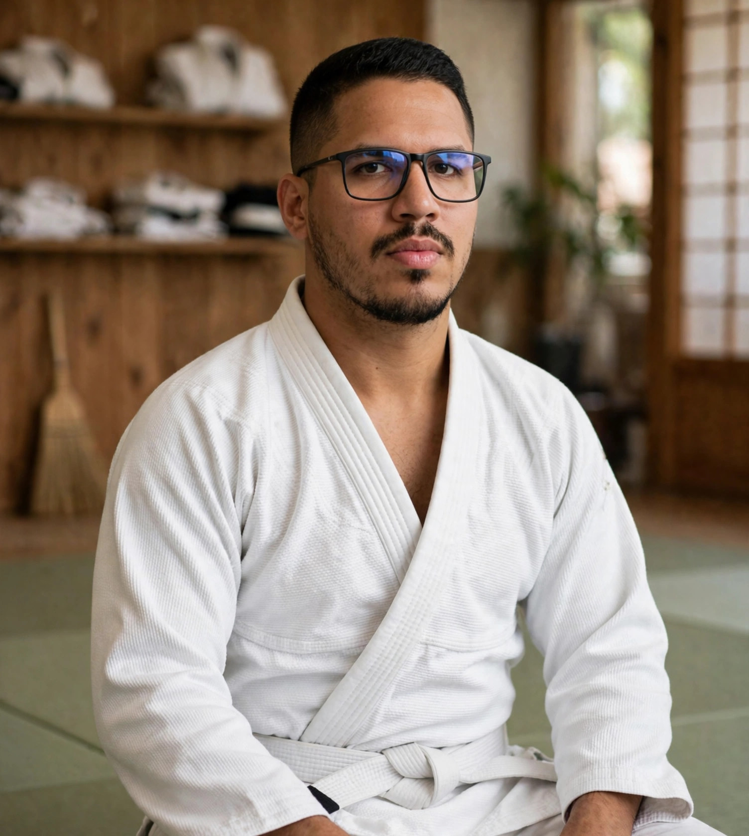 Julio Junior lutador de jiu-jitsu, quimono branco sem texto com faixa, tatame ao fundo
