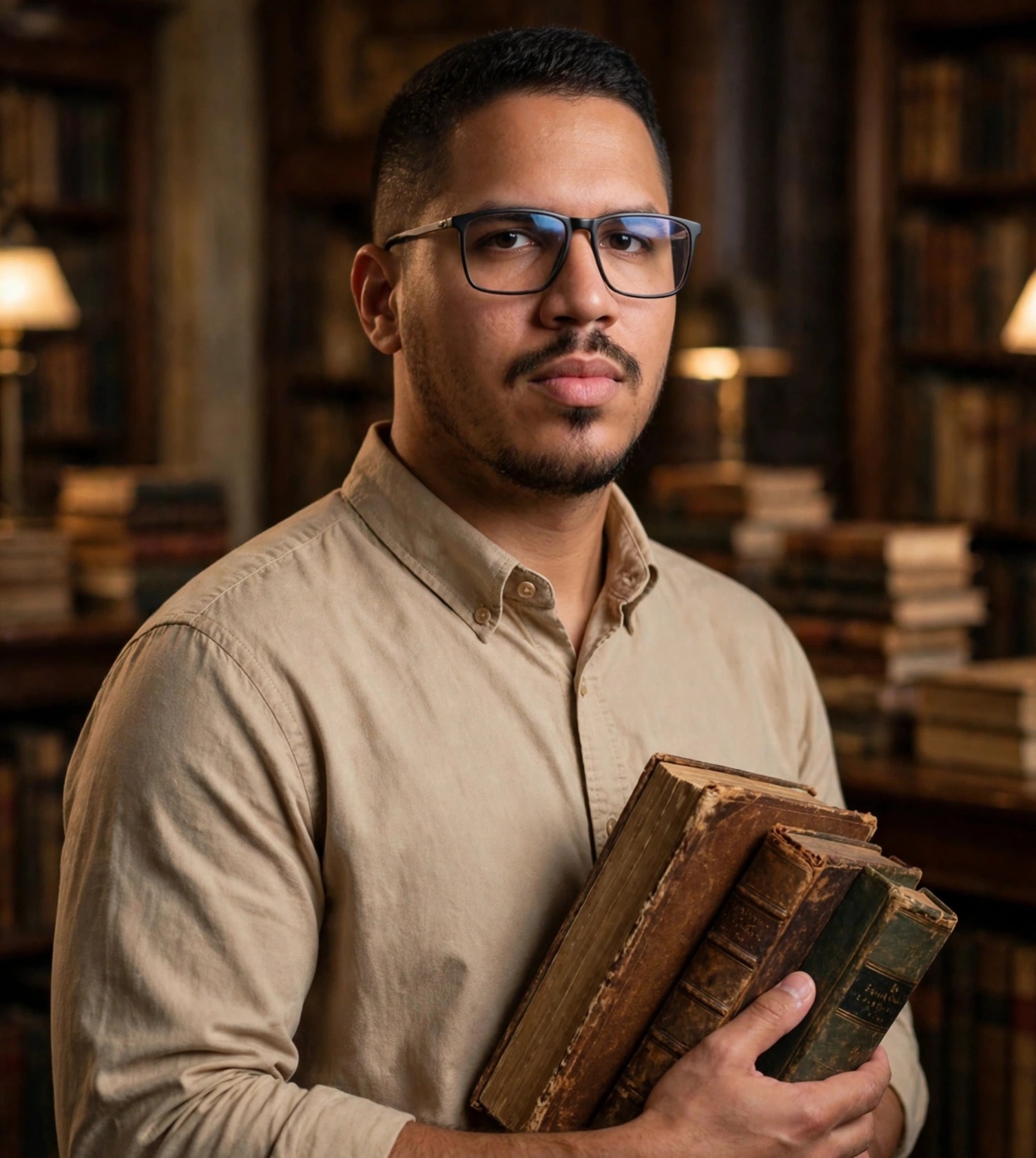 Julio Junior historiador, camisa social sem texto com livros antigos, biblioteca ao fundo