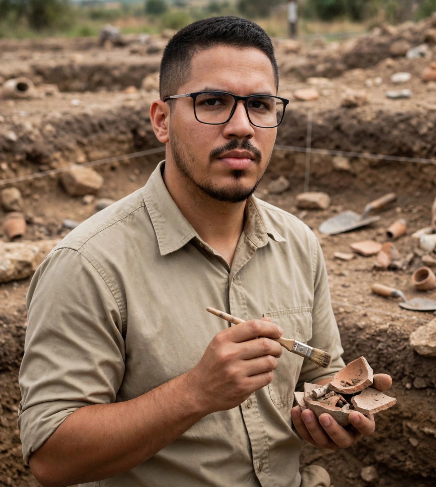Julio Junior arqueólogo, camisa de campo sem texto com pincel e artefatos, sítio arqueológico ao fundo