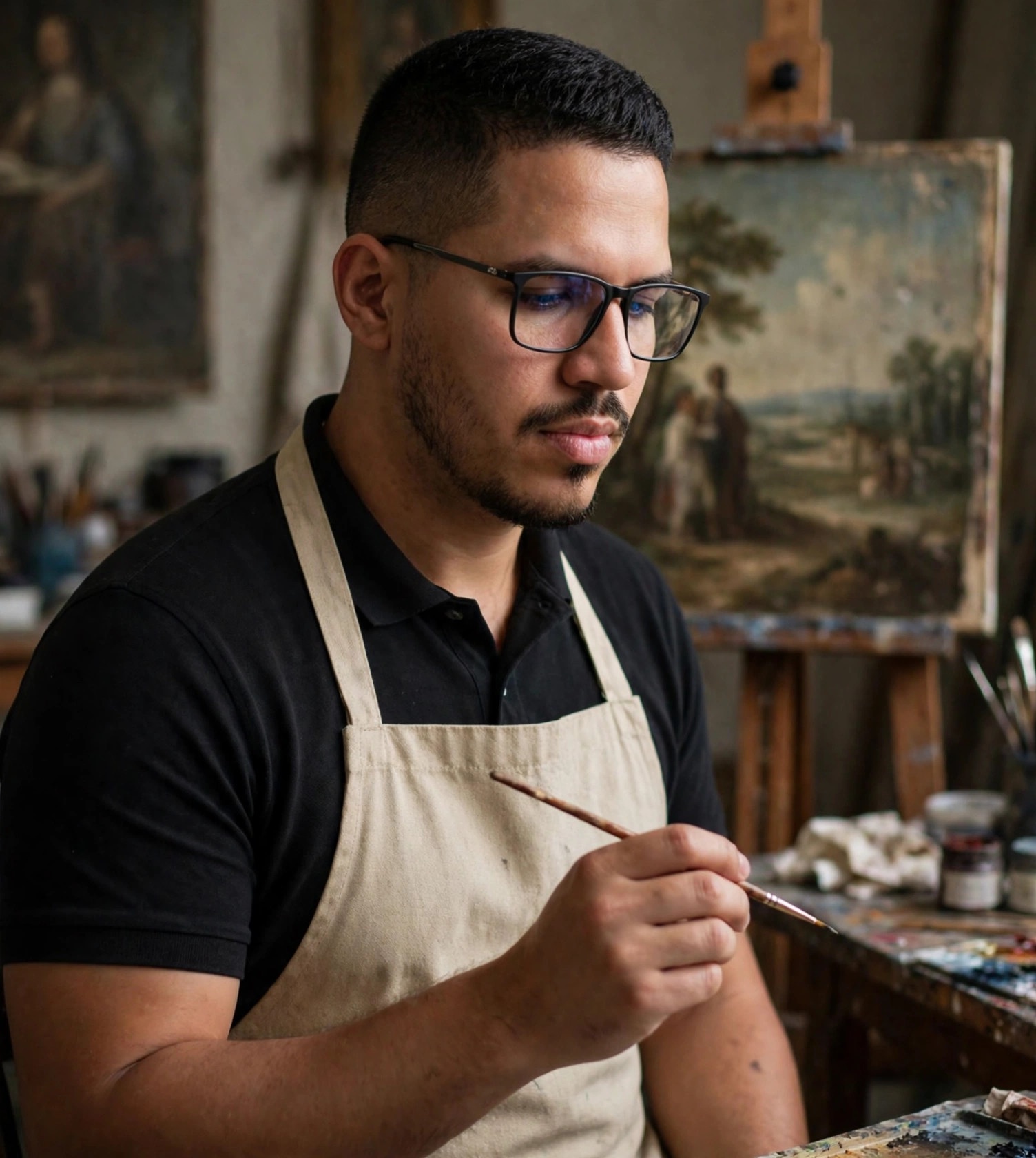 Julio Junior restaurador de arte, avental sem texto com pincel fino, quadro antigo ao fundo