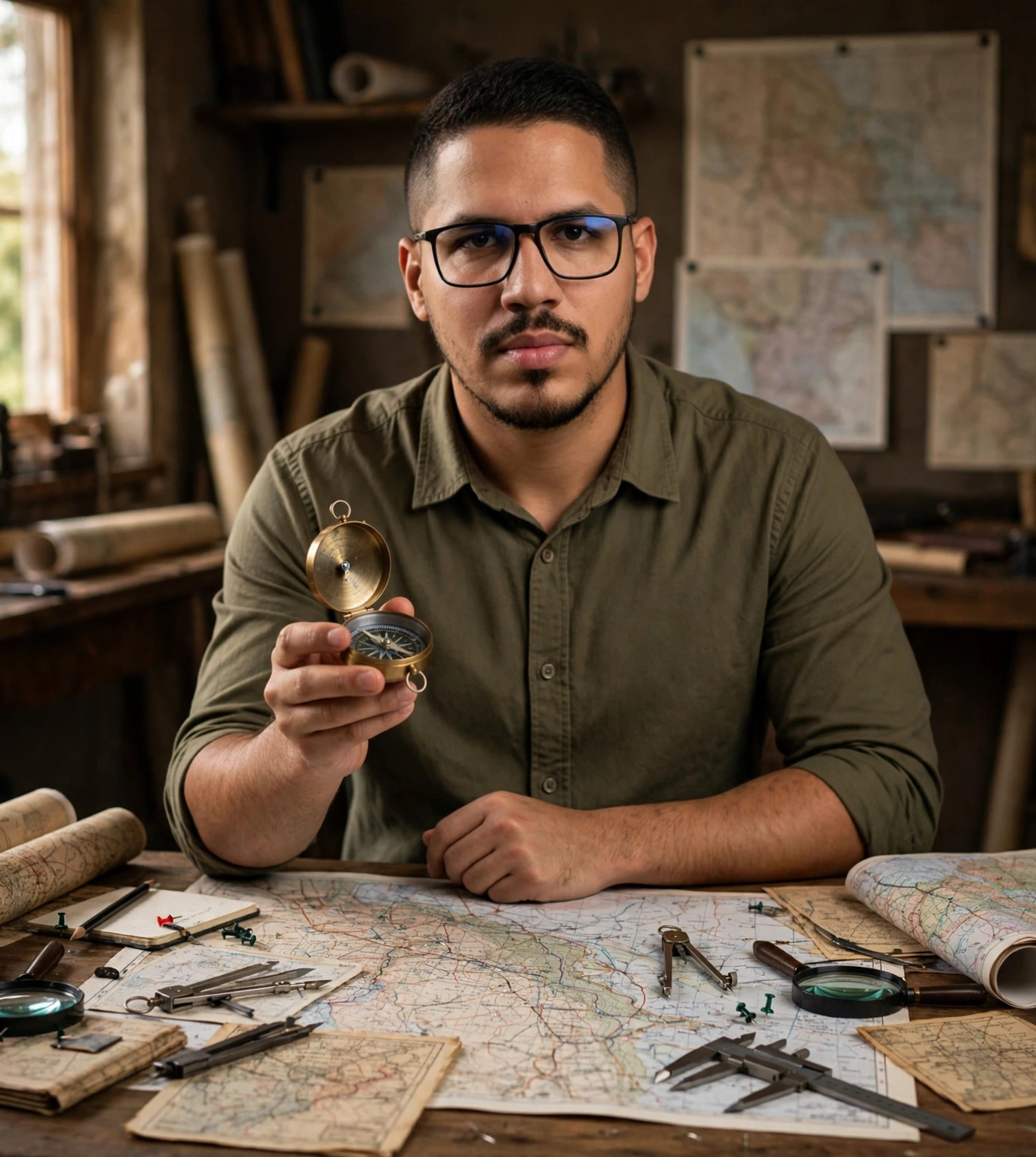 Julio Junior cartógrafo, camisa de campo verde-oliva sem texto com bússola, mesa de mapas ao fundo