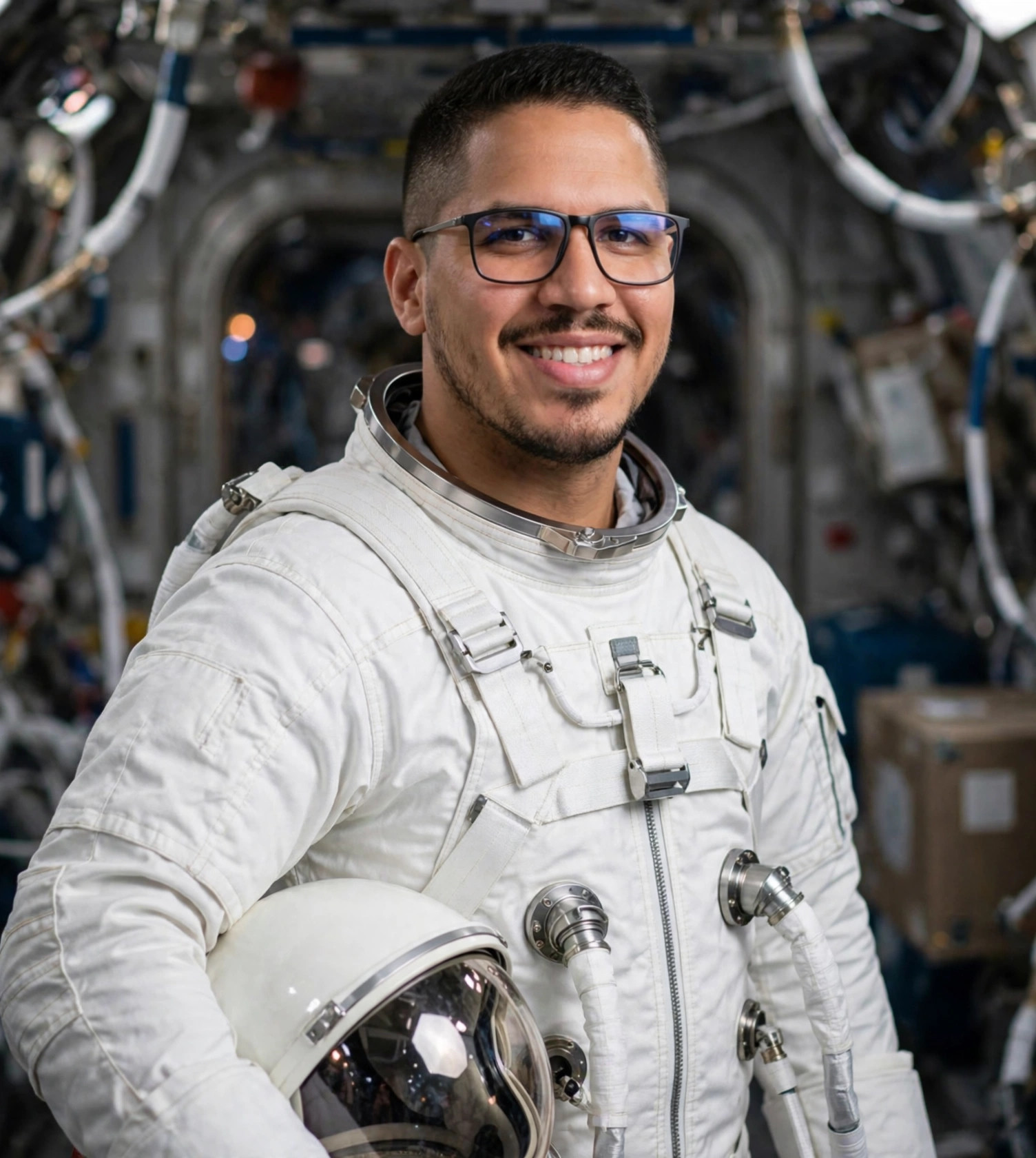 Julio Junior astronauta, traje espacial branco sem texto com capacete sob o braço, estação espacial ao fundo