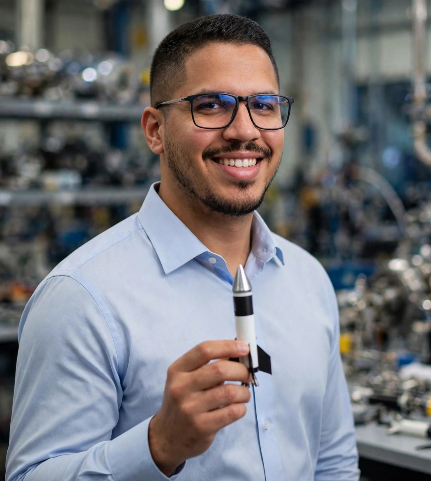 Julio Junior engenheiro aeroespacial, camisa social azul-clara sem texto com foguete em miniatura, laboratório ao fundo