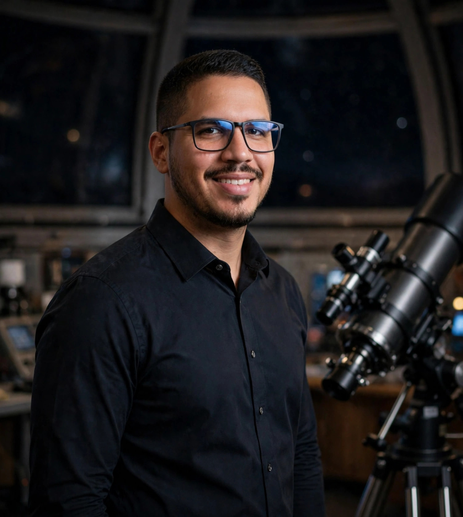 Julio Junior pesquisador de exoplanetas, camisa social preta sem texto ao lado de telescópio, observatório ao fundo