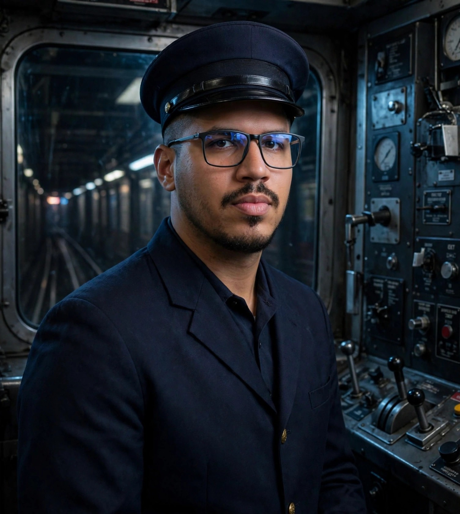 Julio Junior condutor de metrô, uniforme azul-marinho com boné sem texto, cabine do metrô ao fundo
