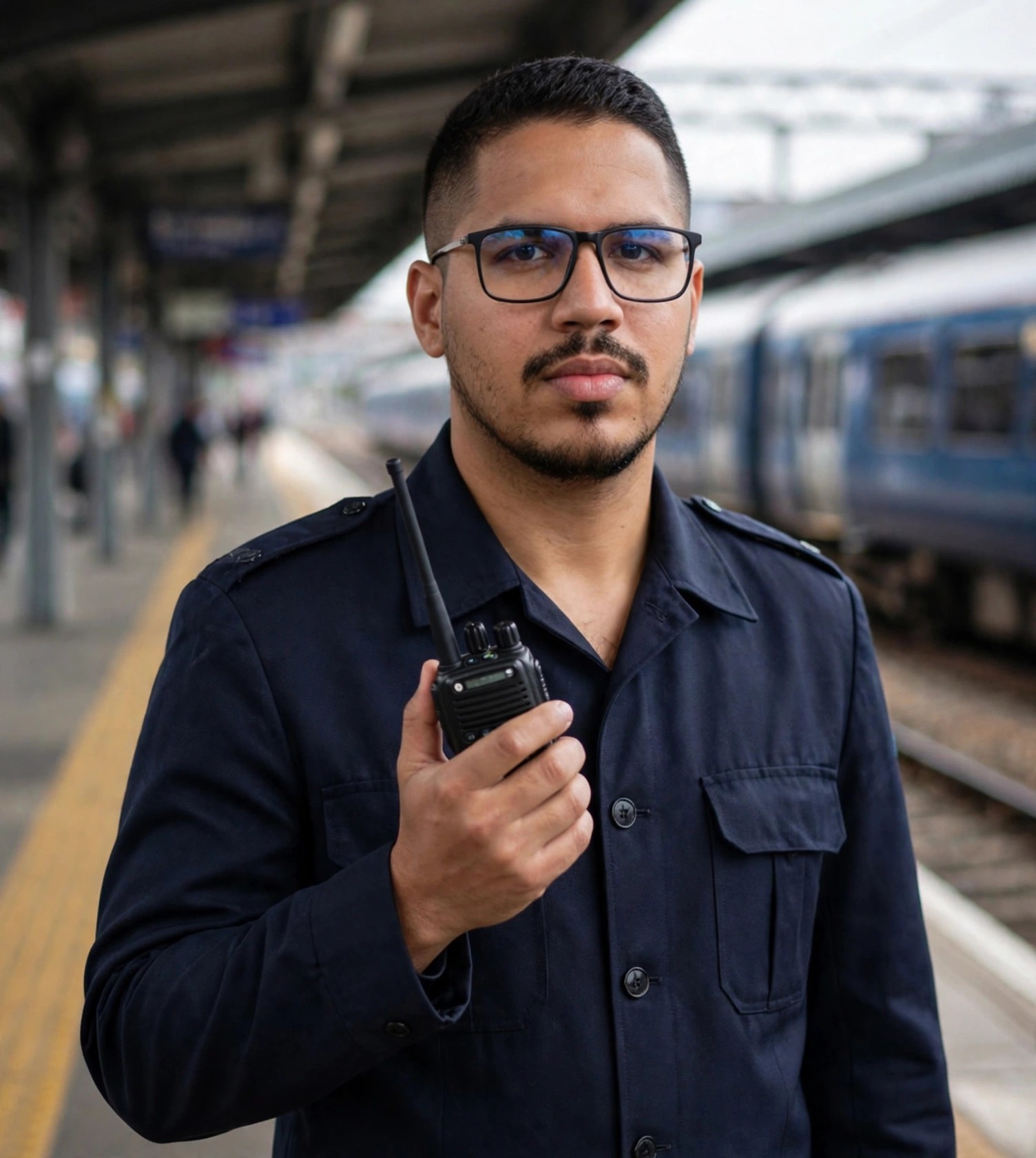 Julio Junior operador de estação, uniforme azul-marinho sem texto com rádio na mão, plataforma ao fundo