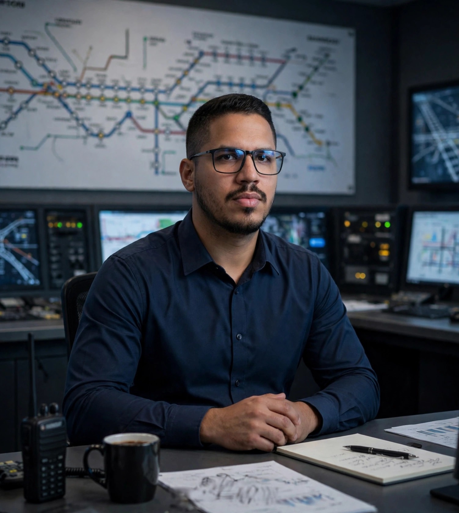 Julio Junior despachante ferroviário, camisa social azul-marinho sem texto, centro de controle com mapa de rotas ao fundo
