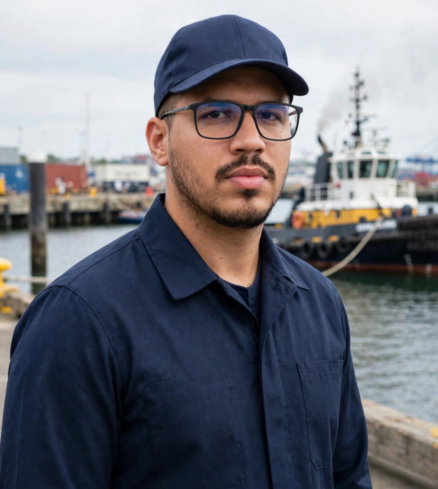 Julio Junior piloto de rebocador, uniforme azul-marinho com boné sem texto, rebocador ao fundo