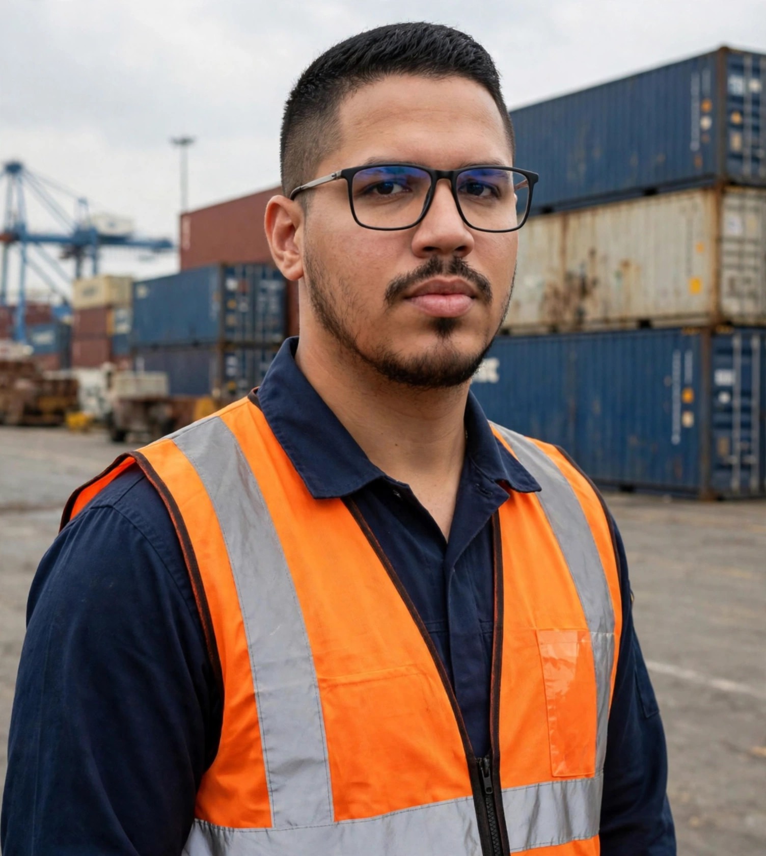 Julio Junior estivador, uniforme com colete laranja de segurança sem texto, contêineres ao fundo