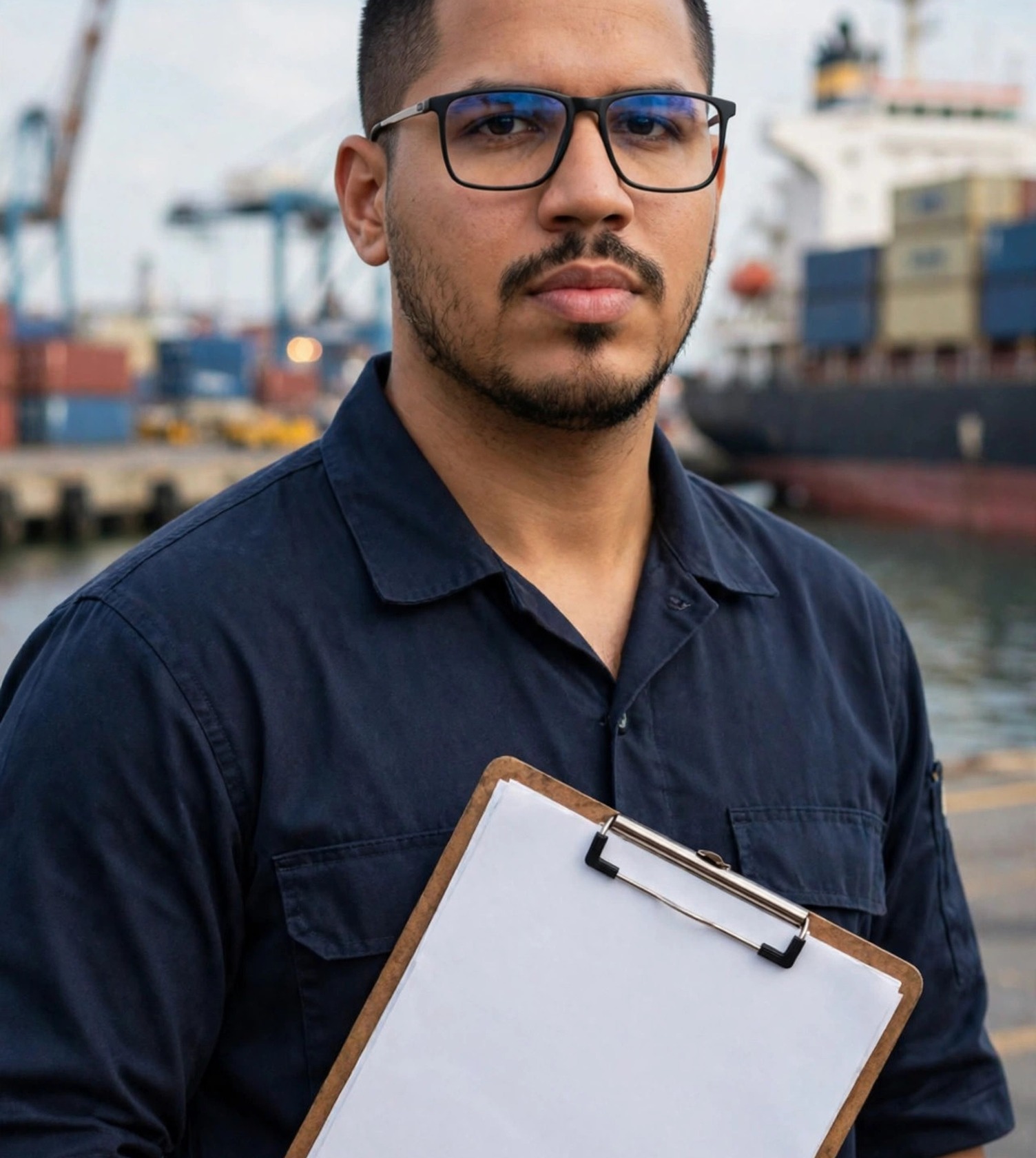 Julio Junior inspetor de carga, uniforme azul-marinho sem texto com prancheta em branco, navio cargueiro ao fundo