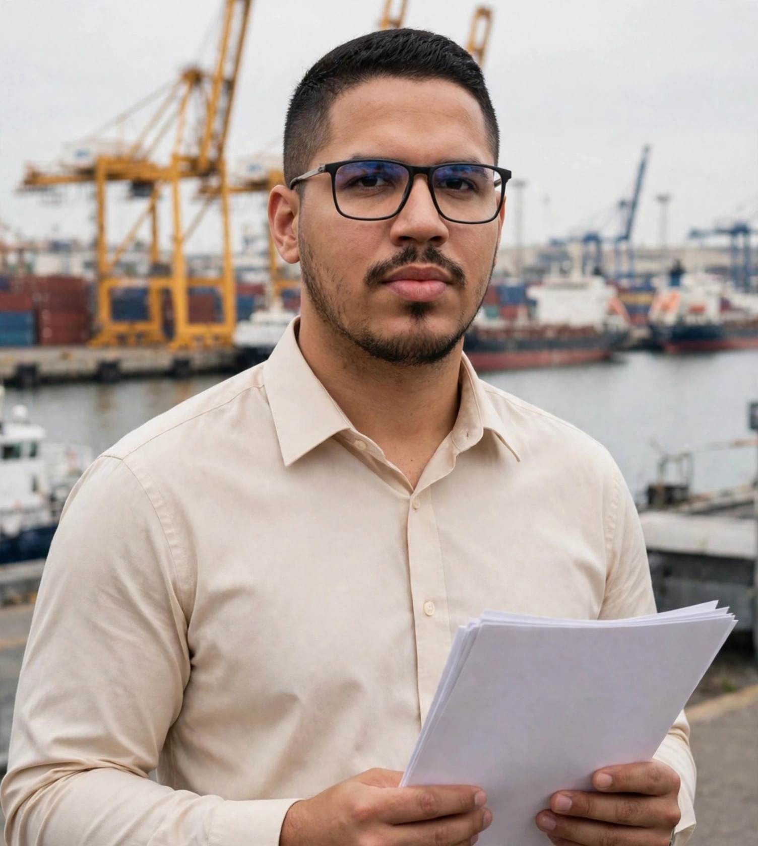 Julio Junior agente marítimo, camisa social clara sem texto com documentos em branco, guindastes do porto ao fundo