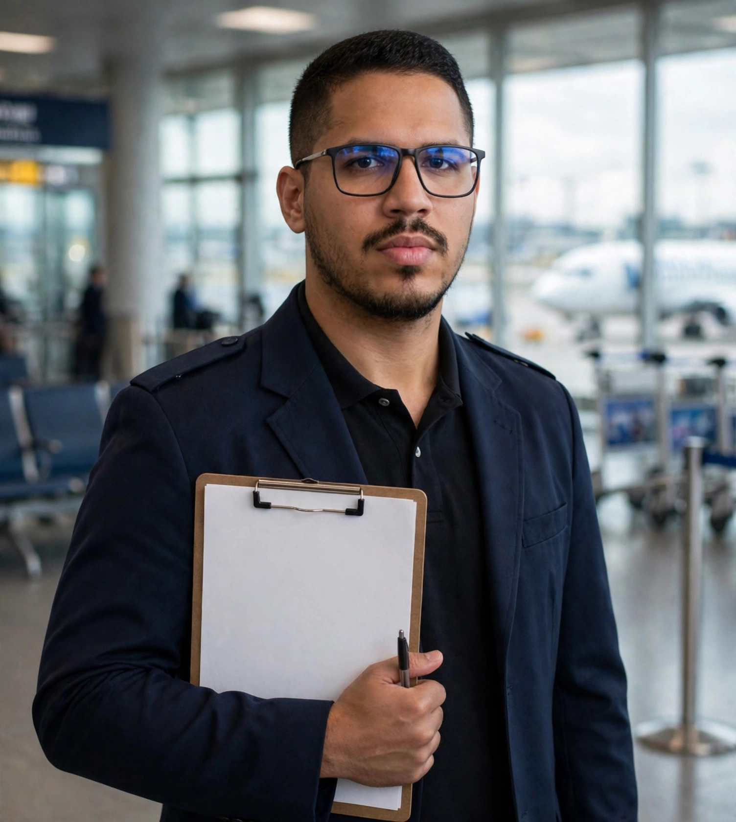 Julio Junior agente de embarque, uniforme azul-marinho sem texto com prancheta em branco, portão de embarque ao fundo
