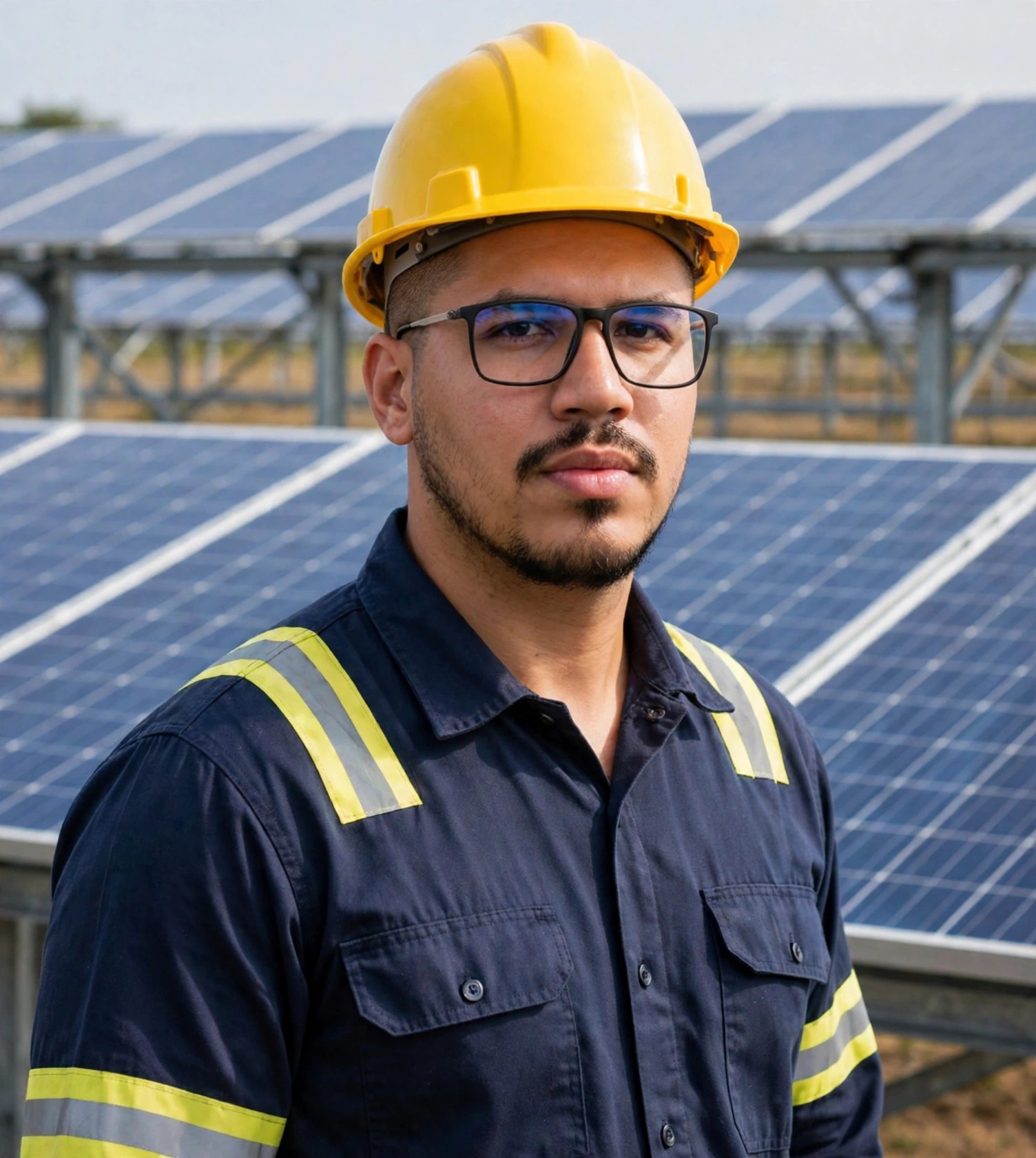 Julio Junior técnico de energia solar, uniforme azul-marinho com capacete amarelo e faixas refletivas sem texto, painéis solares ao fundo