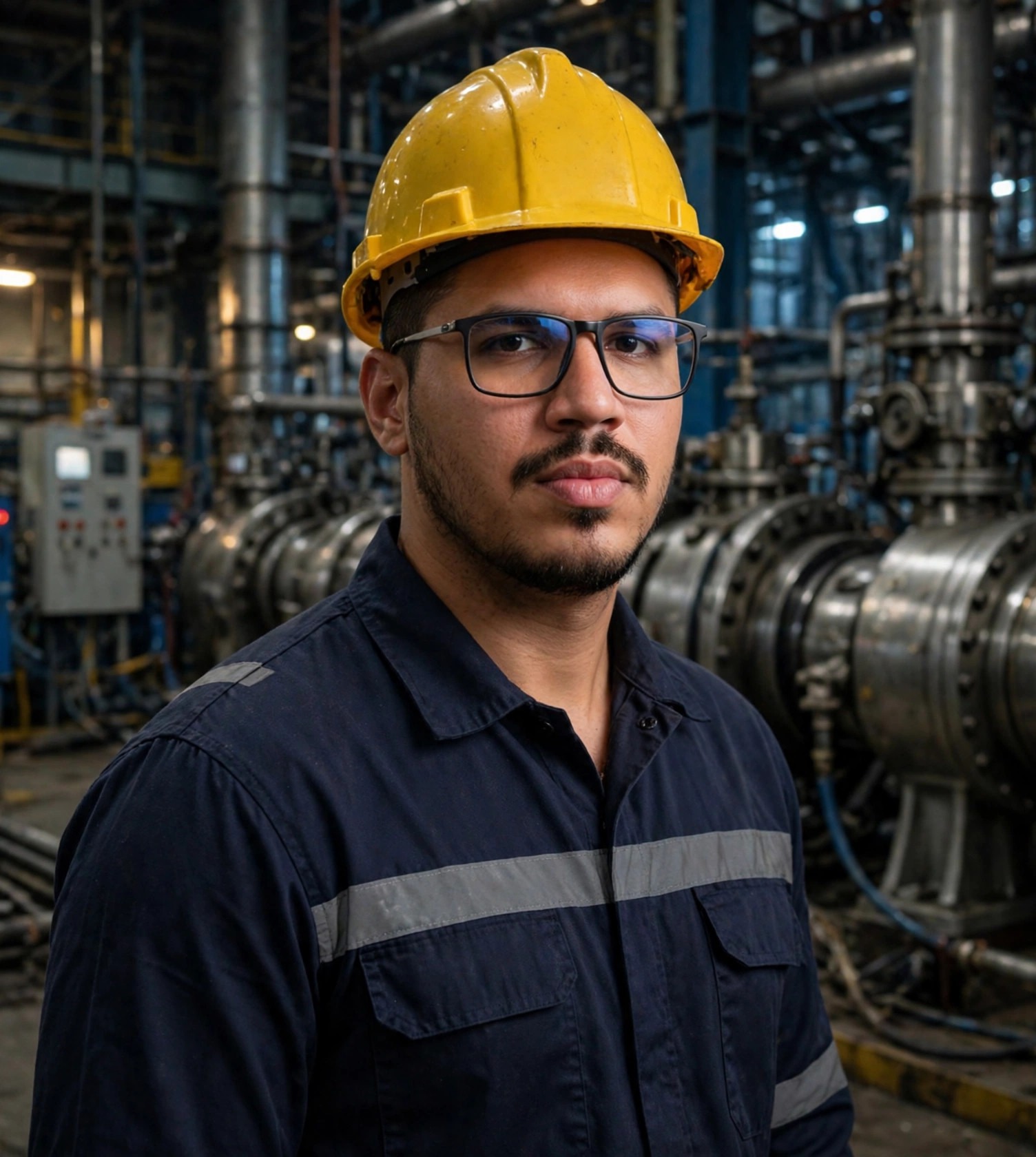 Julio Junior operador de usina, uniforme azul-marinho com capacete amarelo e faixa refletiva sem texto, turbinas industriais ao fundo