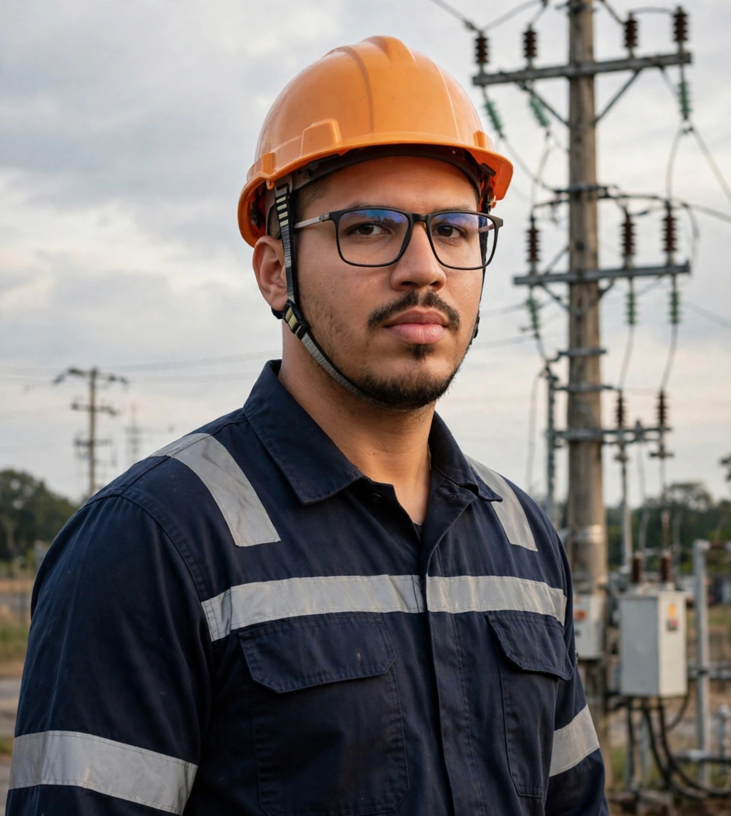 Julio Junior técnico de rede elétrica, uniforme azul-marinho com capacete laranja e faixas refletivas sem texto, poste de alta tensão ao fundo