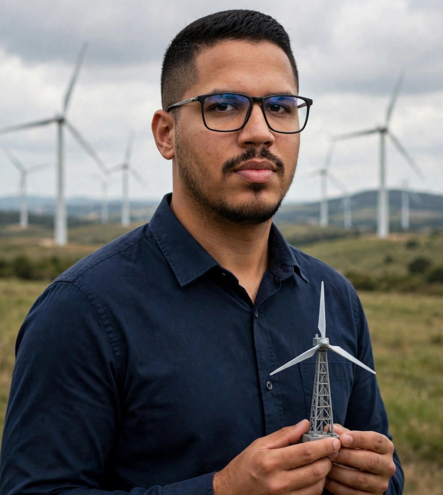 Julio Junior engenheiro de energia eólica, camisa azul-marinho sem texto segurando turbina em miniatura, parque eólico ao fundo