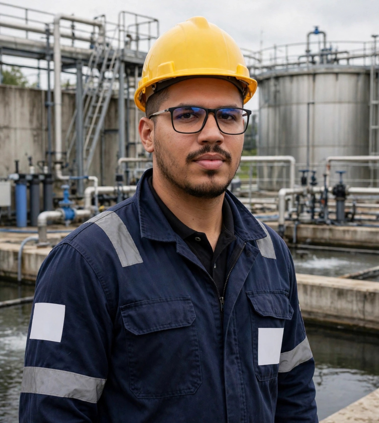 Julio Junior operador de estação de tratamento, uniforme azul-marinho com capacete amarelo e patches em branco, tanques de tratamento ao fundo