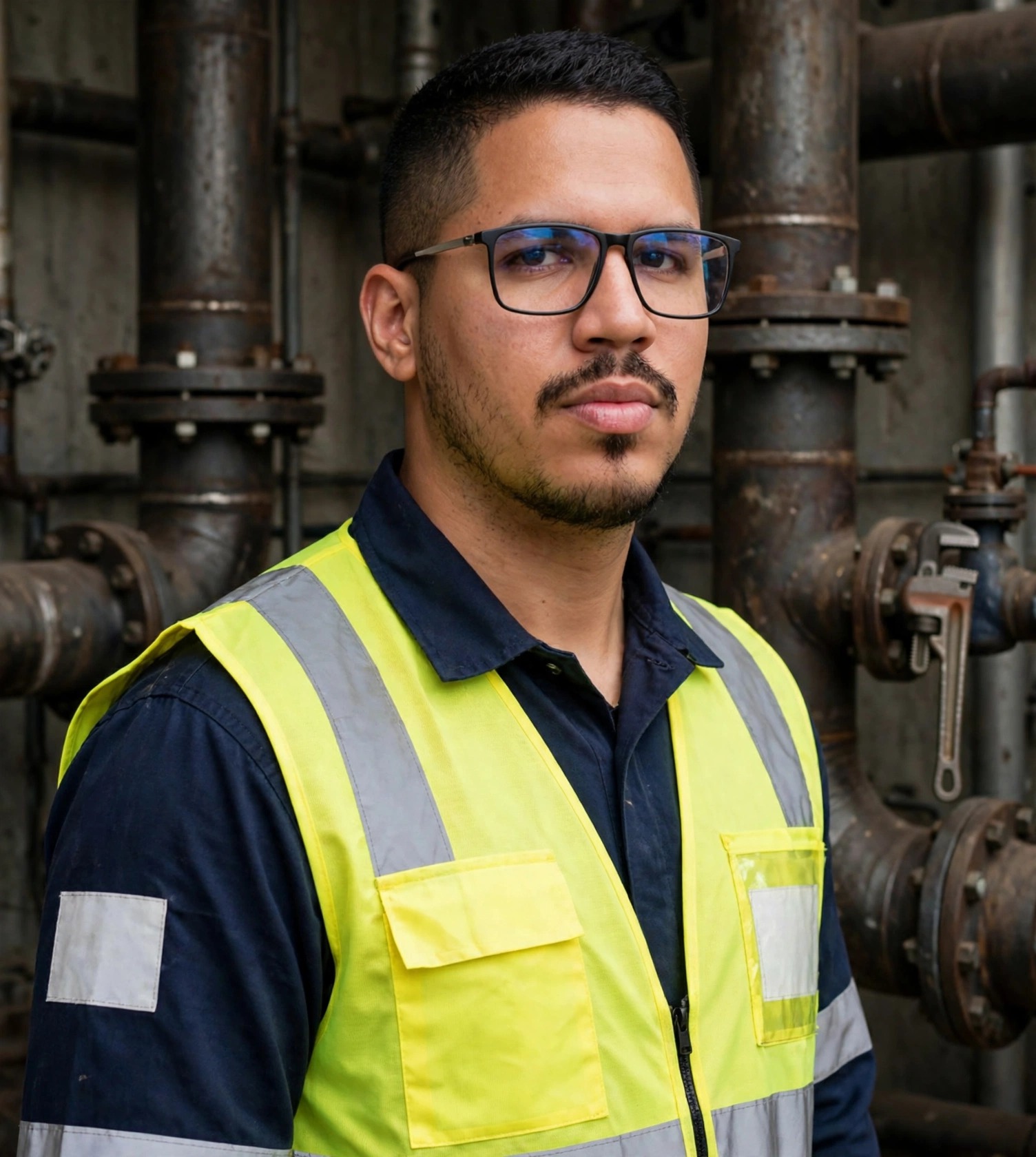 Julio Junior técnico de saneamento, uniforme azul-marinho com colete amarelo refletivo sem texto, tubulações ao fundo
