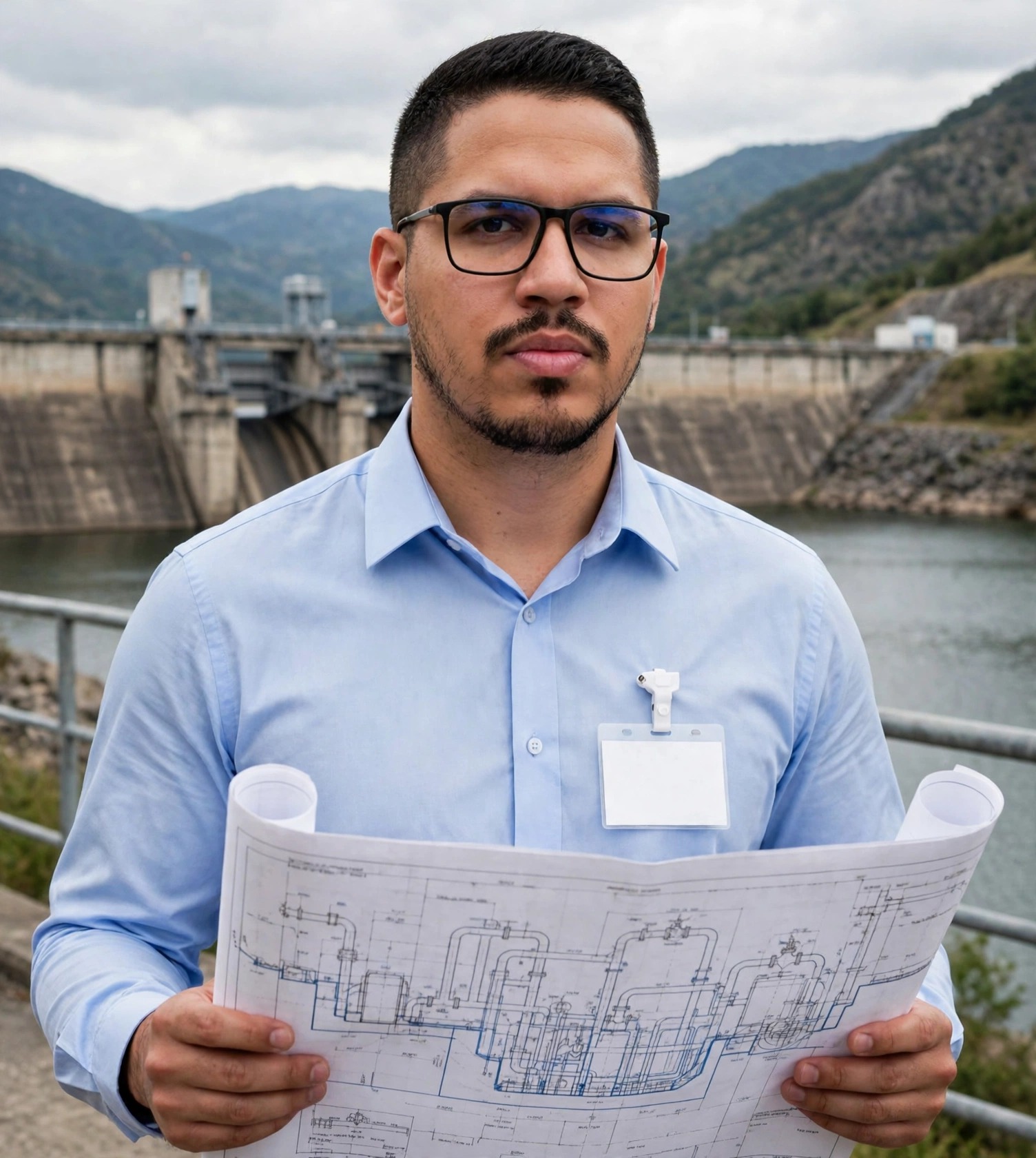 Julio Junior engenheiro hidráulico, camisa azul-clara com crachá em branco segurando planta hidráulica, barragem ao fundo