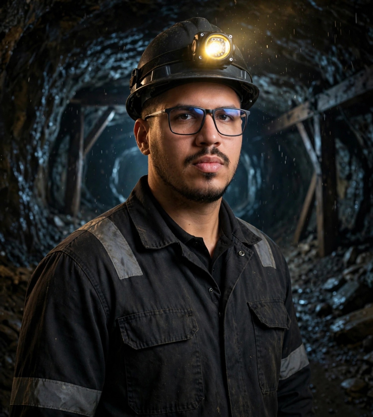 Julio Junior mineiro, uniforme preto com capacete e lanterna acesa, túnel de mina subterrânea ao fundo