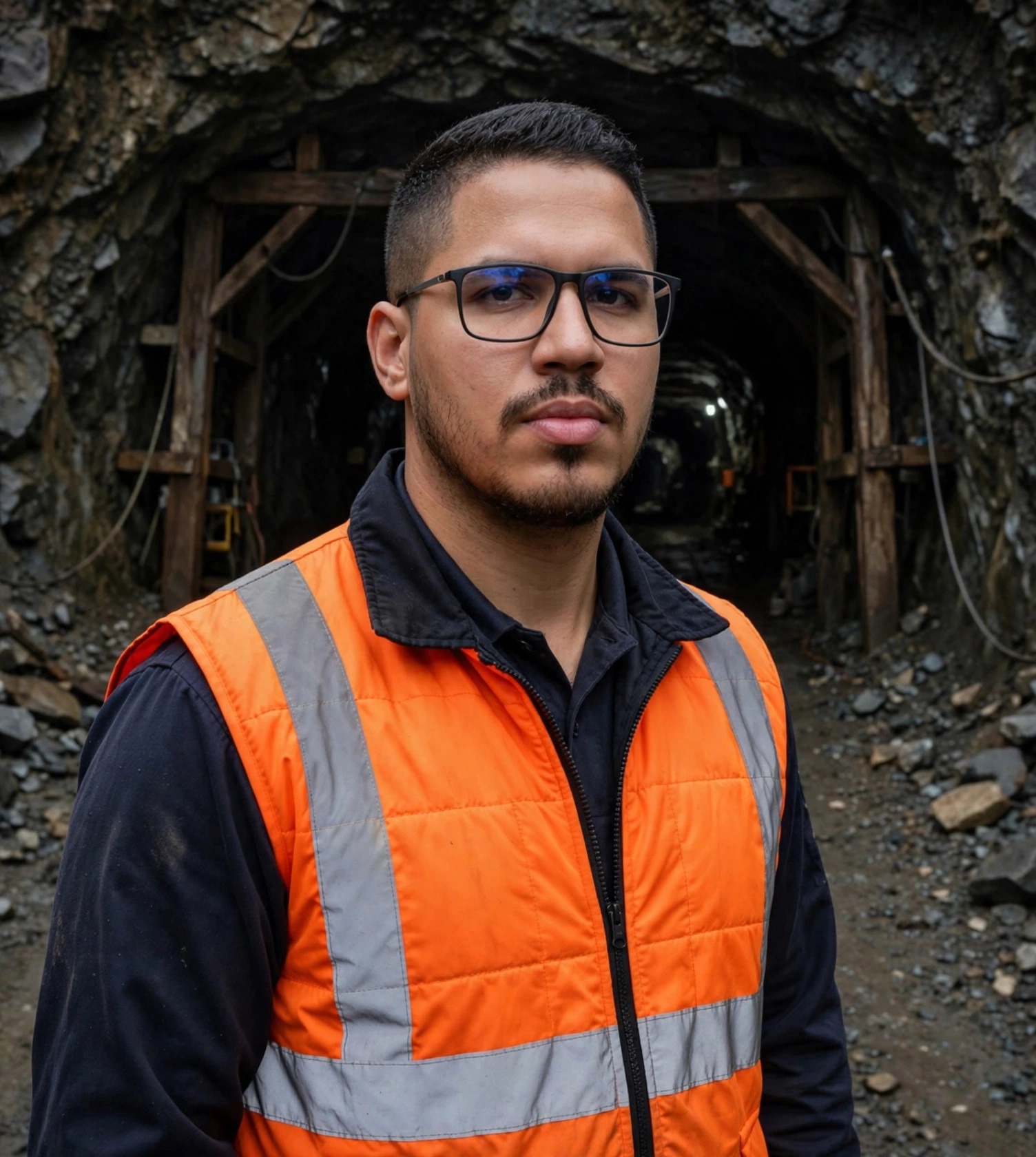 Julio Junior técnico de segurança de mina, uniforme com colete laranja refletivo, entrada de túnel de mina ao fundo